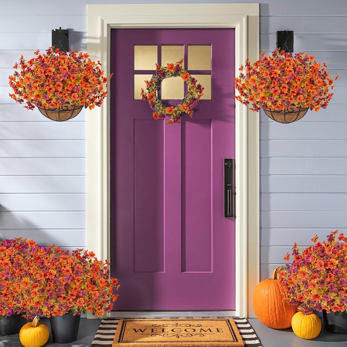 2 Pack Fall Artificial Hanging Flowers Baskets for Outdoors, UV Resistant Fake Fall Hanging Plants, Faux Orange Flowers for Autumn Patio Front Porch Balcony Decor (Orange Red)