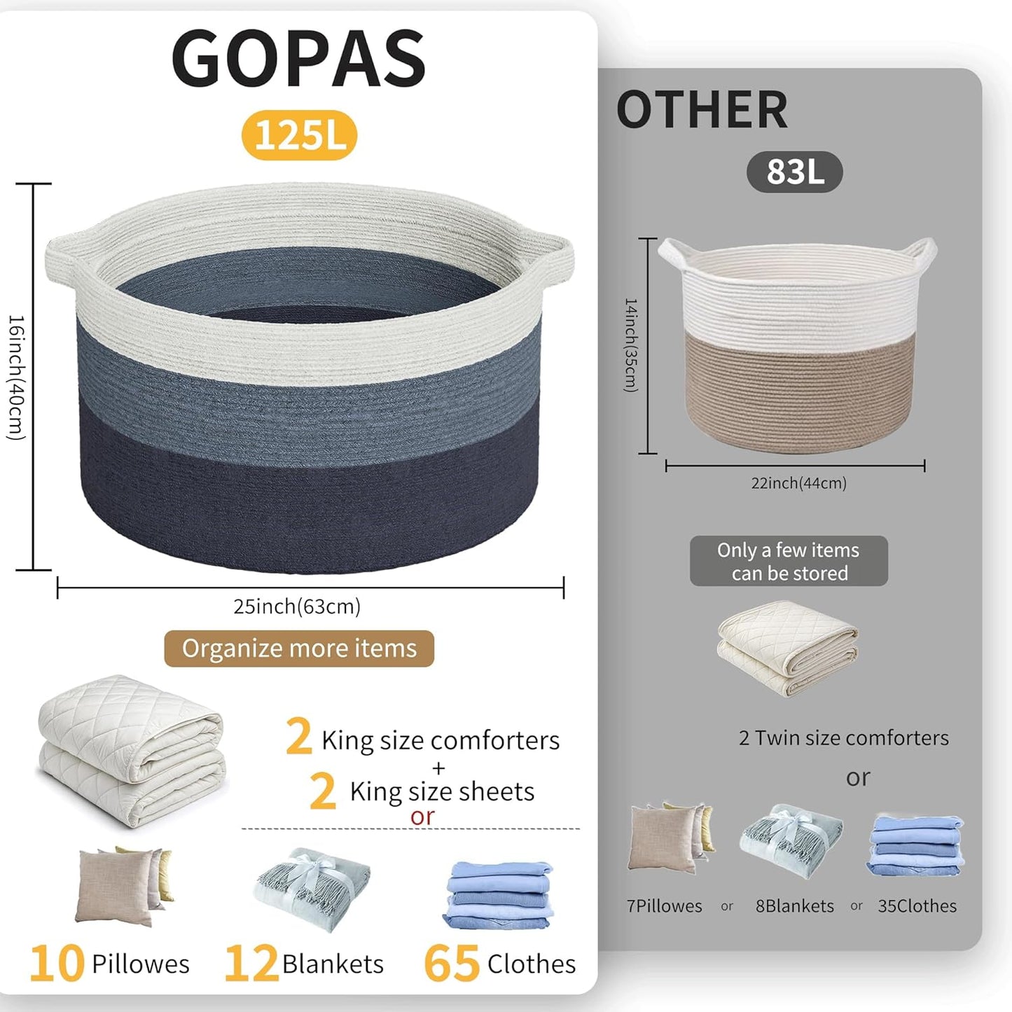 125L Extra Large Blanket Basket, 25" x 16", Jumbo Laundry Woven Baskets Decorative Home, Cotton Rope Basket with Handles, Baby Toy Baskets for Storage, Gradual Blue, 2PC