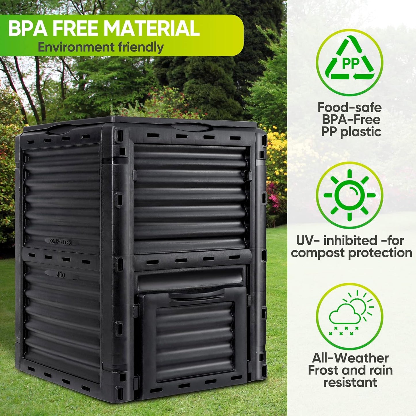 F2C Garden Compost Bin from BPA Free Material -80 Gallon(300 L) Large Compost Bin Aerating Outdoor Compost Box Easy Assembling, Lightweight, Fast Creation of Fertile Soil, Black