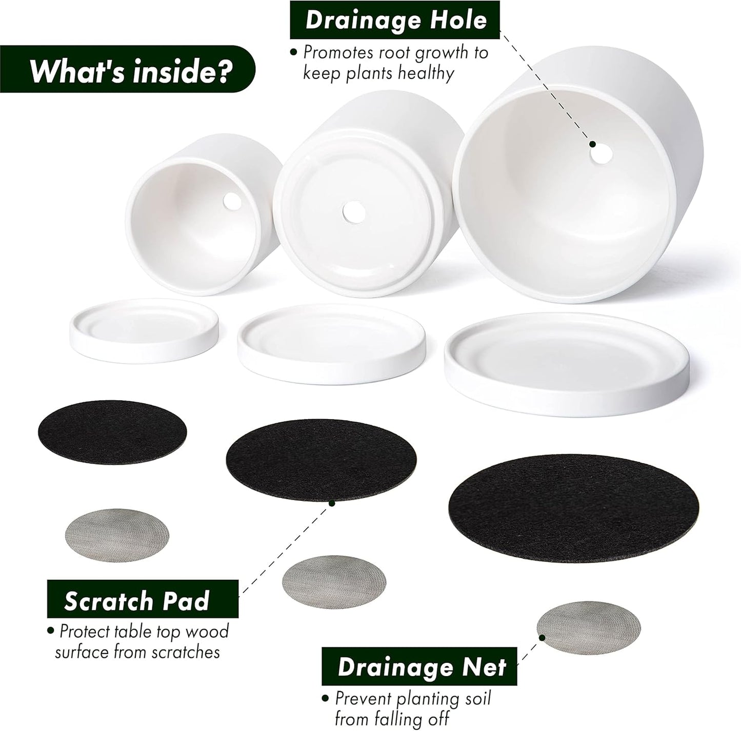 D'vine Dev White Terracotta Pots for Plants, 4.2 Inch 5.3 Inch 6.5 Inch, Succulent Planter Pot with Drainage and Saucer, 40-T-A-1