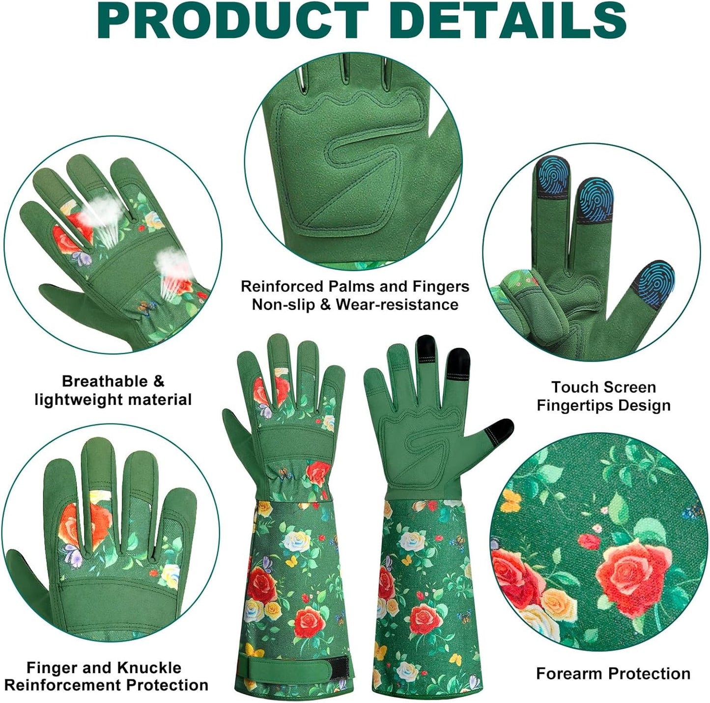 DLY Gardening Gloves,Leather Rose Gloves,Women's Long Glove for Gardening Work and Yard Work,Durable and Comfortable(Large, Green