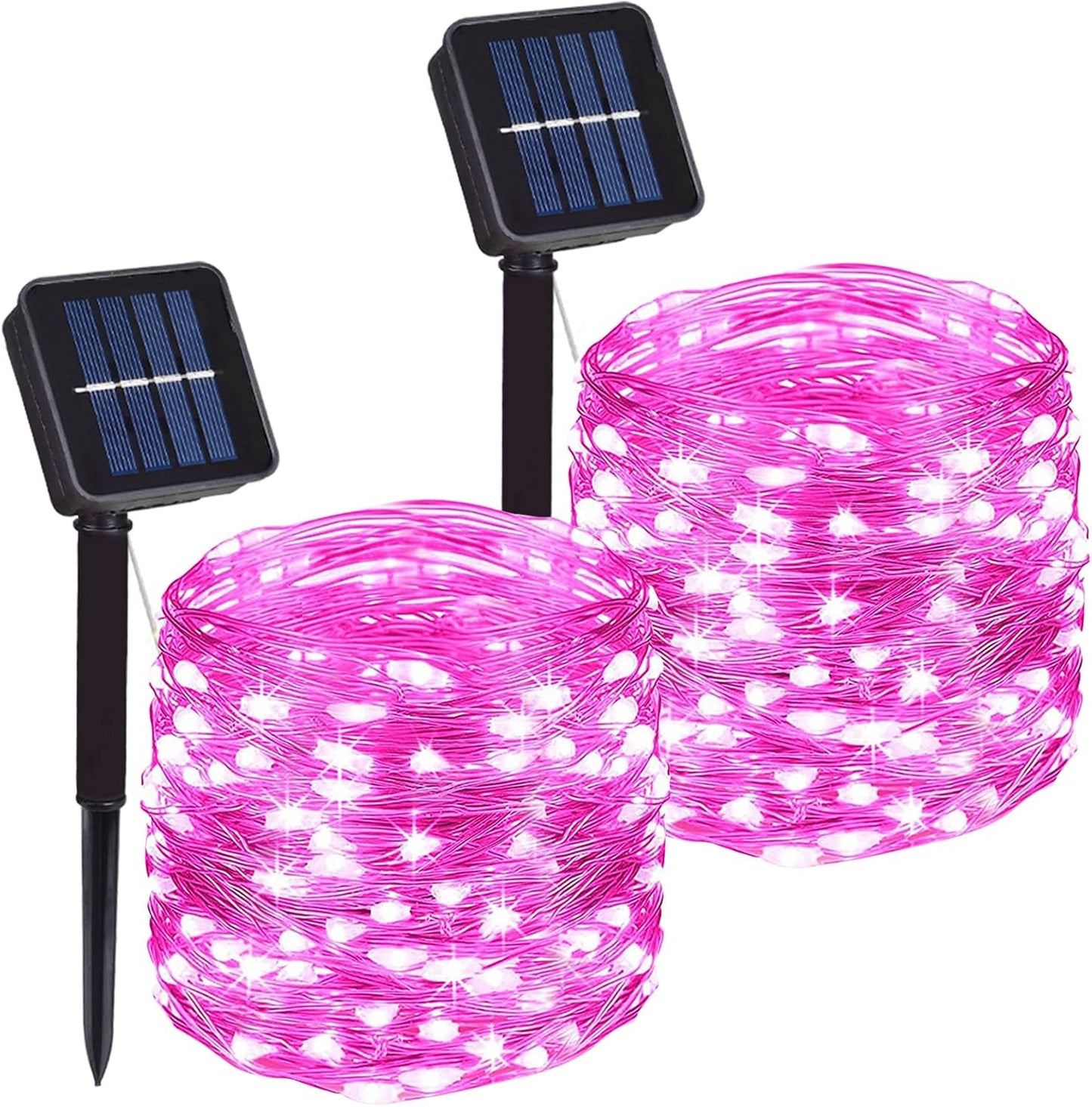2 Pack Total 200 LED 66FT Solar Powered Copper Wire String Lights Outdoor, Waterproof, 8 Modes Fairy Lights for Valentines Day Decor, Garden, Patio, Party, Christmas, House (Pink)