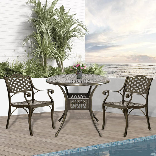 3-Piece Outdoor Patio Dining Set, All-Weather Cast Aluminum Patio Furniture Set for Backyard Garden Deck with 2 Chairs and 35.4” Round Table, 2" Umbrella Hole