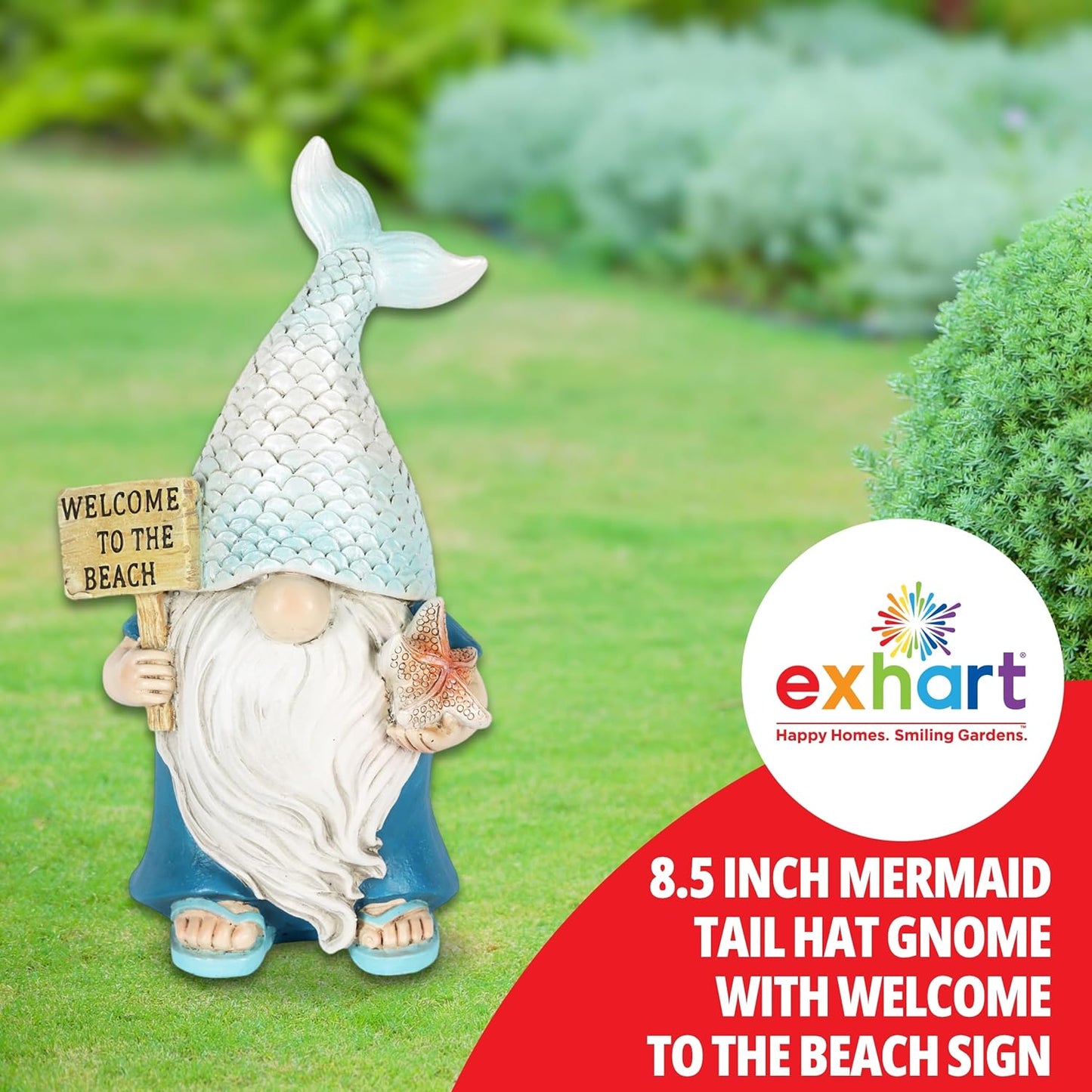 Exhart Mermaid Tail Hat Garden Gnome Statue with Welcome to The Beach Sign, 5 x 4 x 8.5 Inches