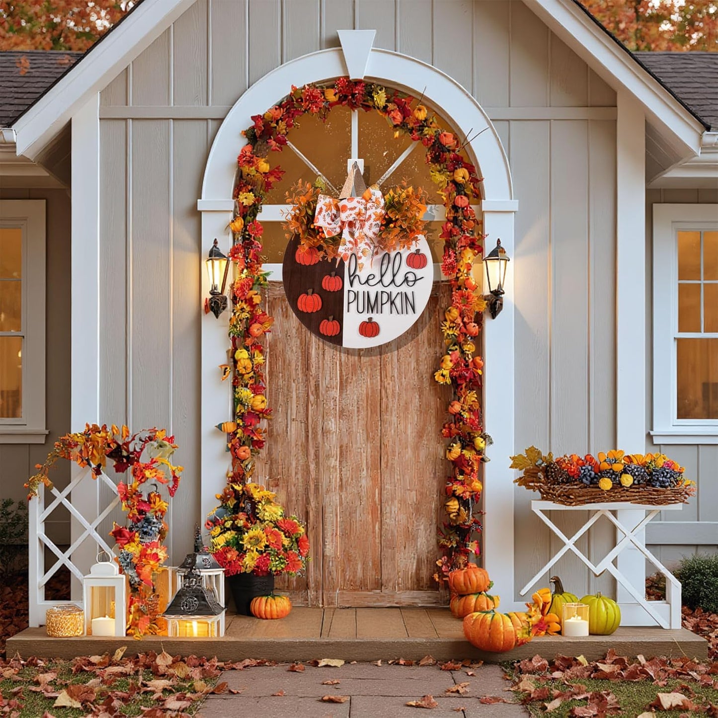 3D Hello Pumpkin Wooden Sign, Fall Outdoor Wreath for Front Door with Bow & Wreath | Fall Autumn Harvest Farmhouse Hanging Decor | Indoor Outdoor Porch, Wall, Home Decor