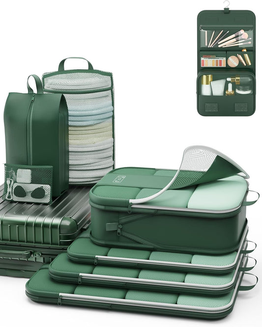 8 Set Compression Packing Cubes for Travel Essentials,Compressible Expandable Packing Cubes for Suitcase,OlarHike Luggage Organizer Bags for Travel,Handy Helper for Organizing Clothes(Dark Green)