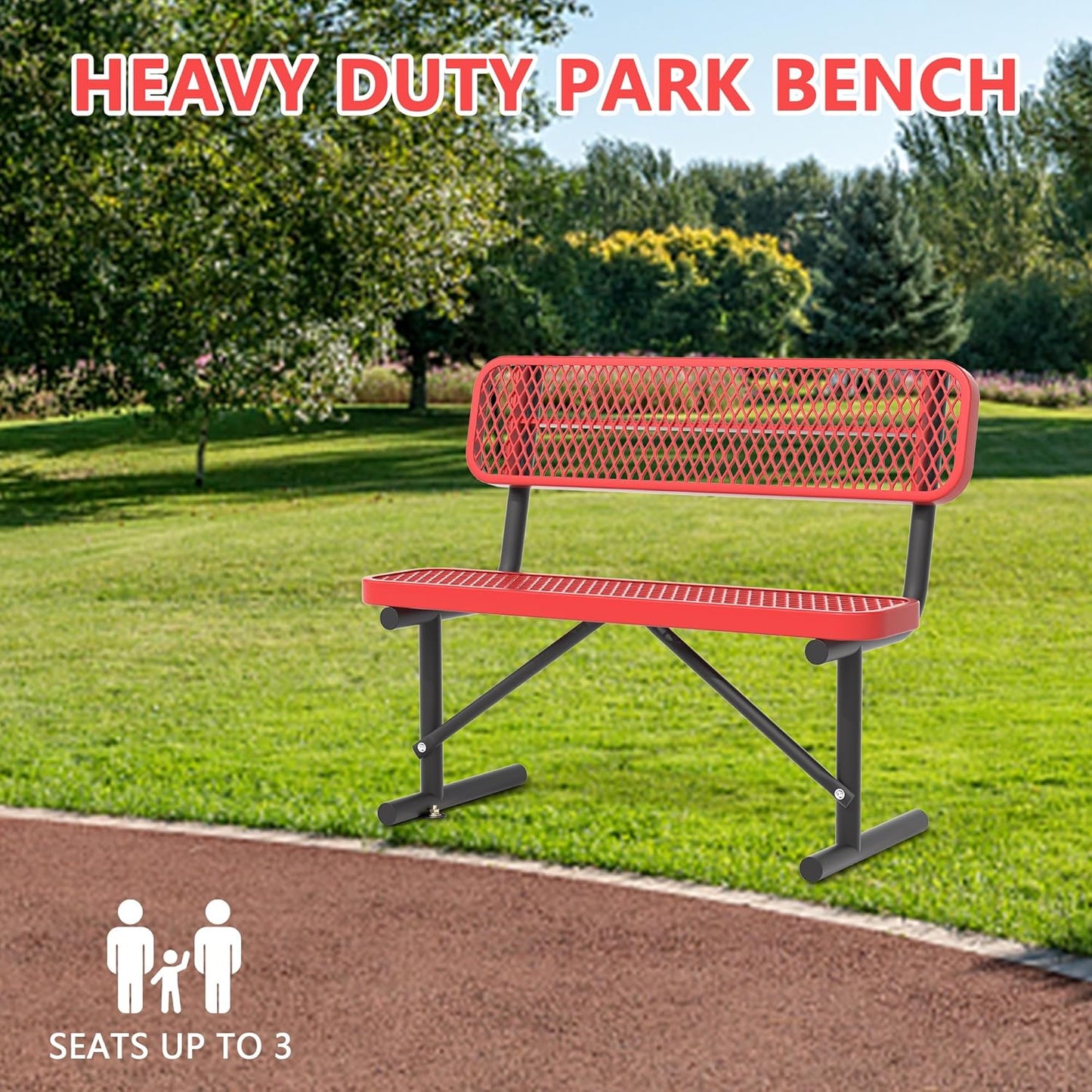 Heavy Duty Park Bench with Back Portable Frame, Outdoor Steel Bench with Backrest, Outdoor Park Bench Expanded Metal Mesh Bench for Lawn, Park, Deck, Garden, Patio, Porch, Black (Red, 4FT)
