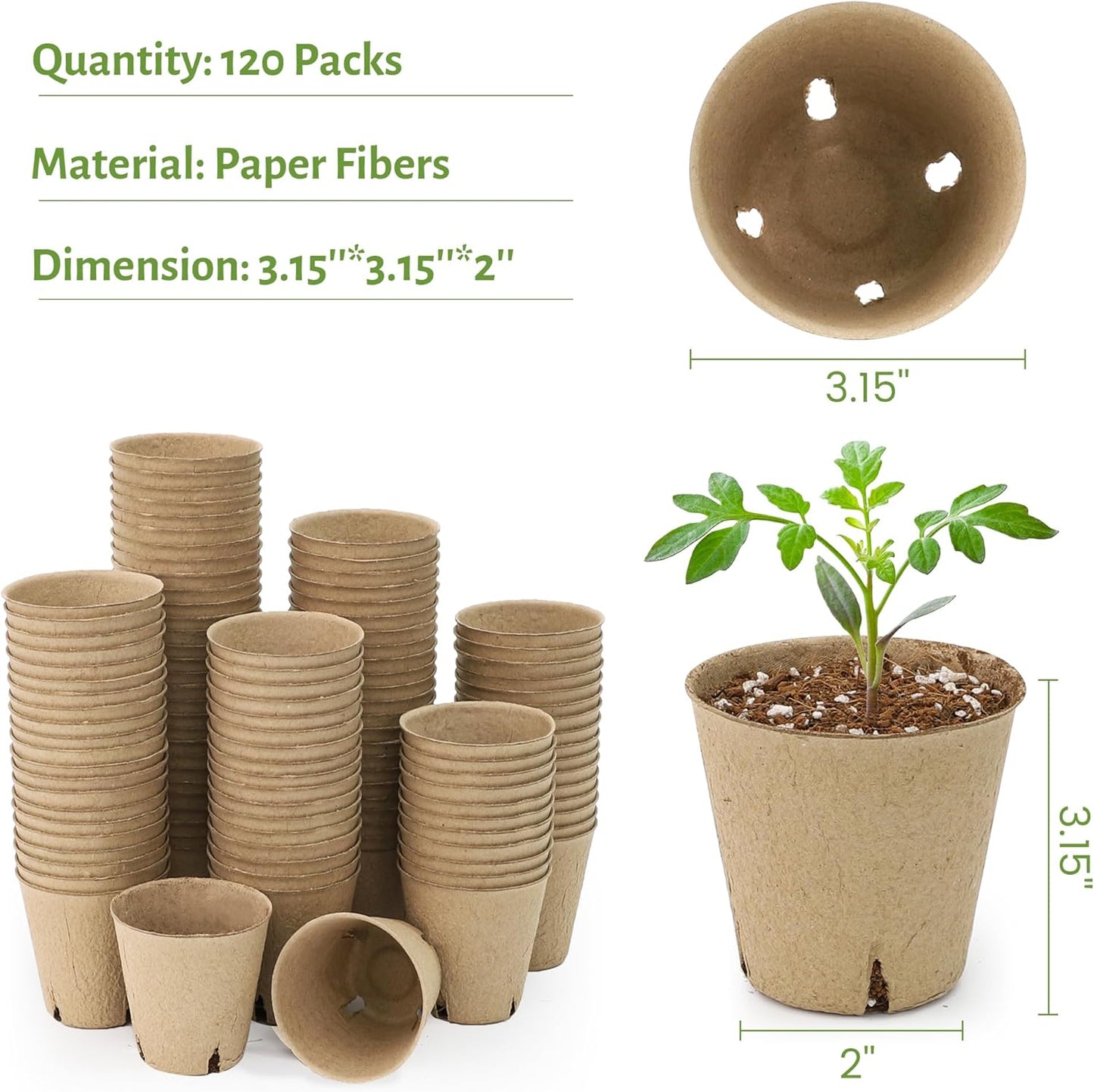 120 Packs 3.15 Inch Peat Pots, Biodegradable Pots for Seedlings with Drainage Holes, Herb Seed Starter
