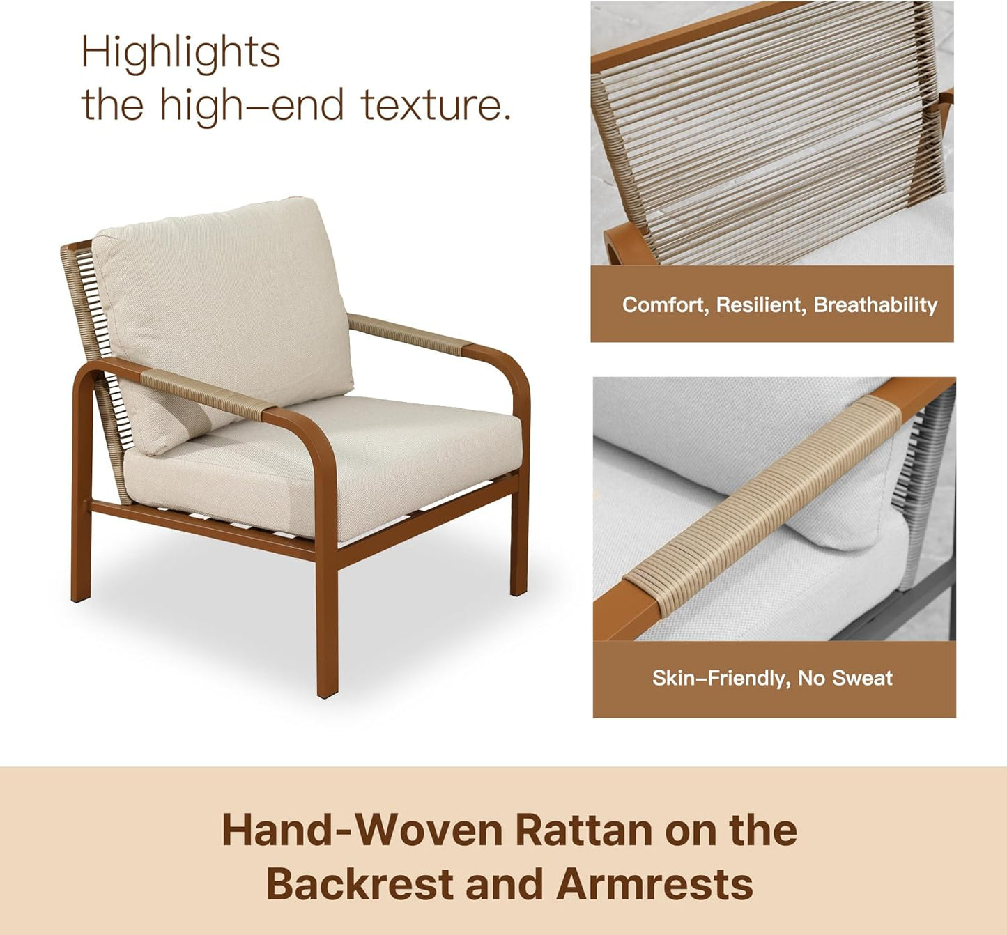 3 Piece Outdoor Bistro Set,All Day Hand-Woven Rattan Patio Furniture Set with Aluminium Frame and Coffee Table,Waterproof Fabric,Thickened Sponge Cushion,Suitable for Patio, Deck,Beige