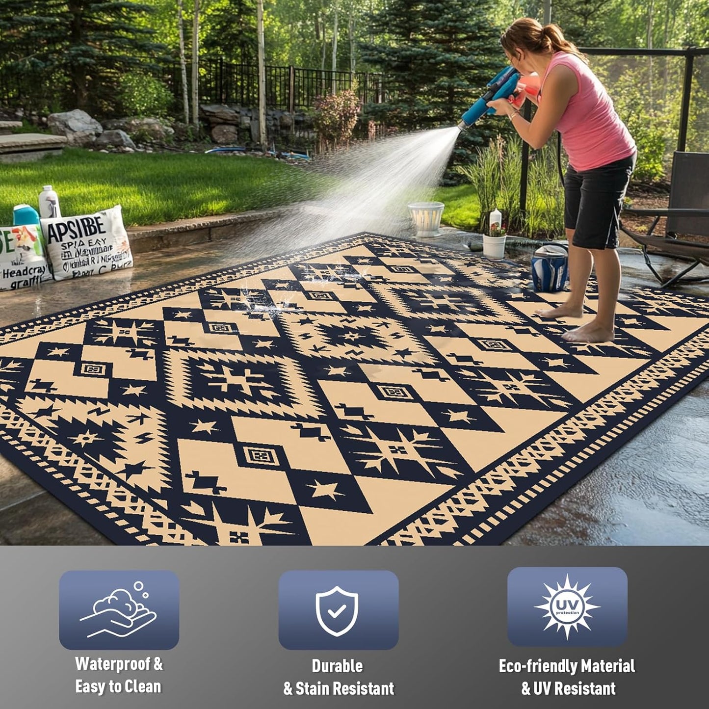 WILDROOTS 5x8 Feet Plastic Bohemian Outdoor Rug, Stain Resistant Waterproof Reversible Outdoor Patio Rug, Fade Resistant Camping Rug