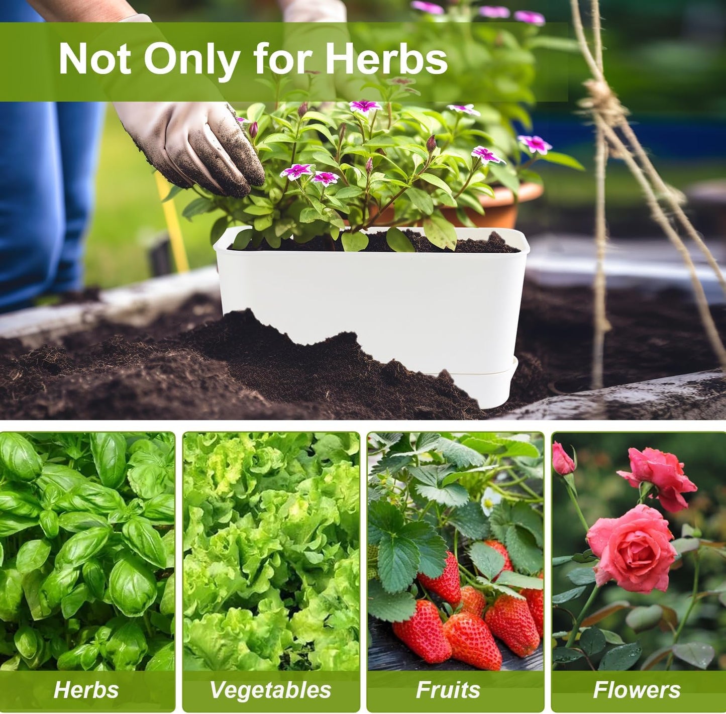 Herb Garden Planter Indoor Kit Self Watering Pots for Indoor/Outdoor Plants 4 Packs Windowsill Plant Pots with Drainage and Tray, Window Pot for Indoor Plants