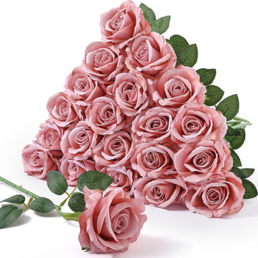 Serwalin 20PCS Artificial Roses, 4'' Big Flower Head, Dusty Pink Velvet Long Stem Roses, Silk Fake Roses Bouquet for Wedding Home Decor and Table Centerpiece