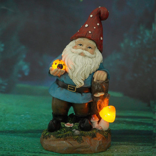 Topadorn Garden Gnome Statue LED Light Solar Energy Gnome Figurine with Ladybug on Hand Mushroom for House, Lawn Decor 11 Inch