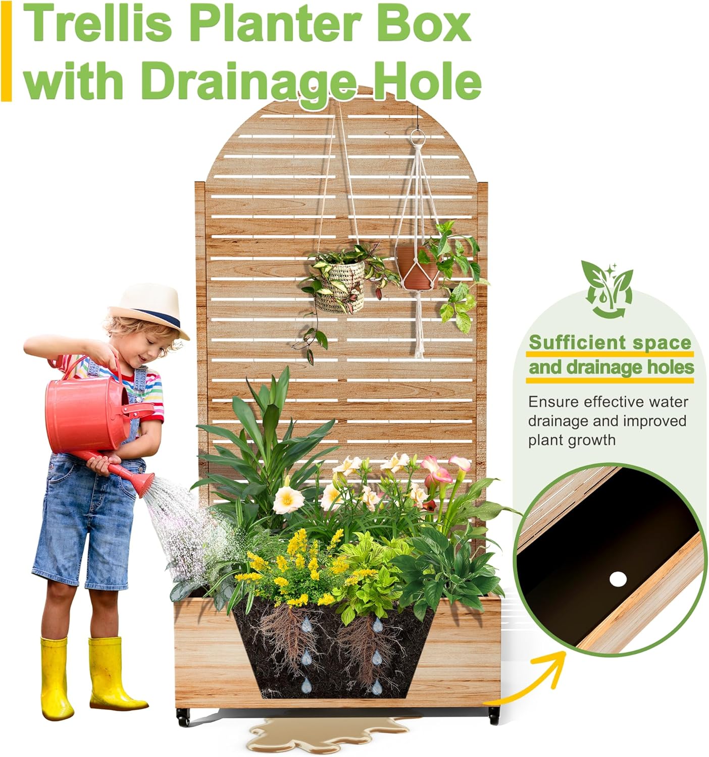 FENCY Metal Raised Garden Bed with Wheels and Trellis,Arched 73"x35"x16" Planter Box for Climbing Plants, Vegetables & Vines, Features Privacy Screen and Drainage Holes (Acacia Wood Finish)