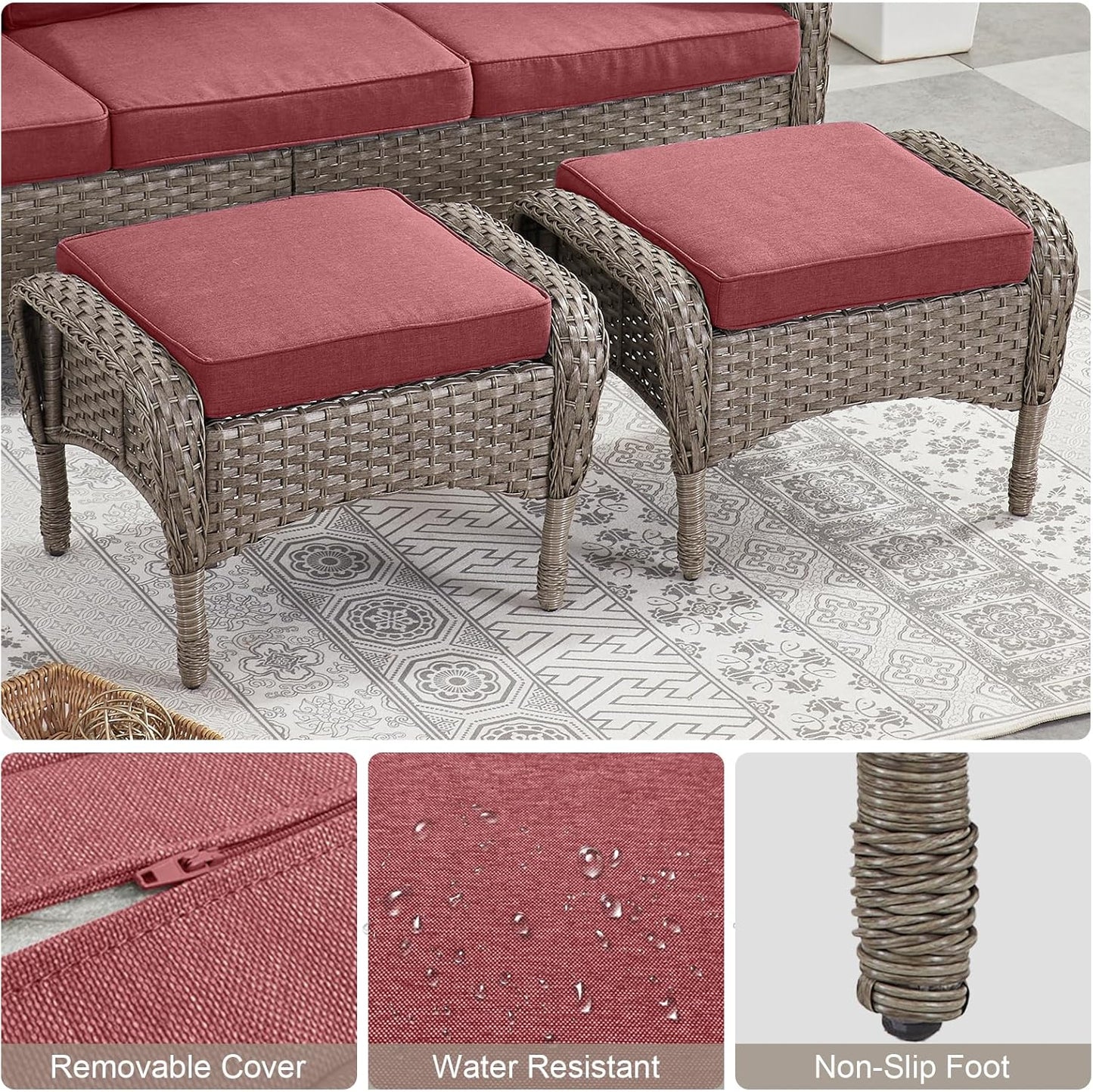 8 Piece Patio Furniture Set with 50000 BTU Propane Fire Pit Table, Outdoor Conversation Set with 2 Swivel Rocker Chairs Wicker Sofa and Ottomans for Casual Gatherings Red Cushion