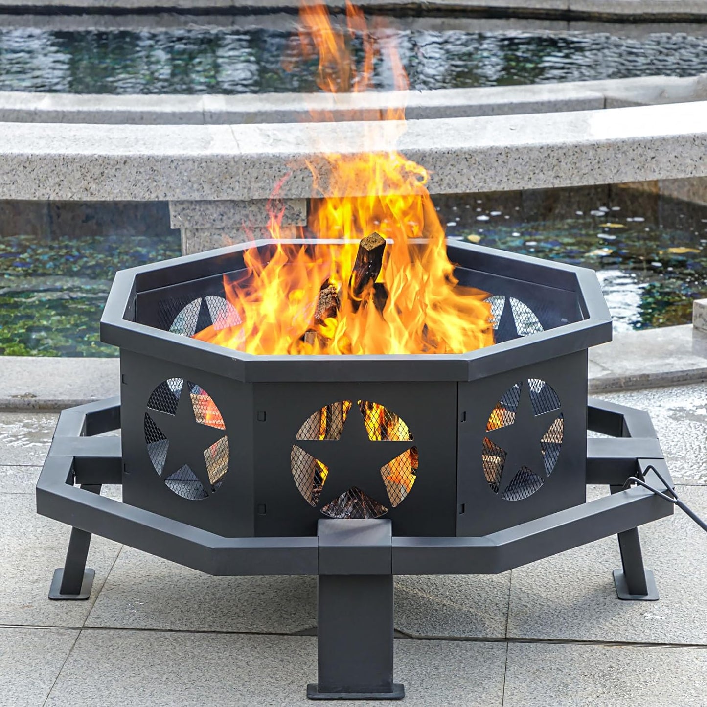 35 inch Fire Pit for Outside, Heavy Duty Wood Burning Fire Pits with Fire Poker, Outdoor Octagonal Firepit for Camping, Yard, Patio