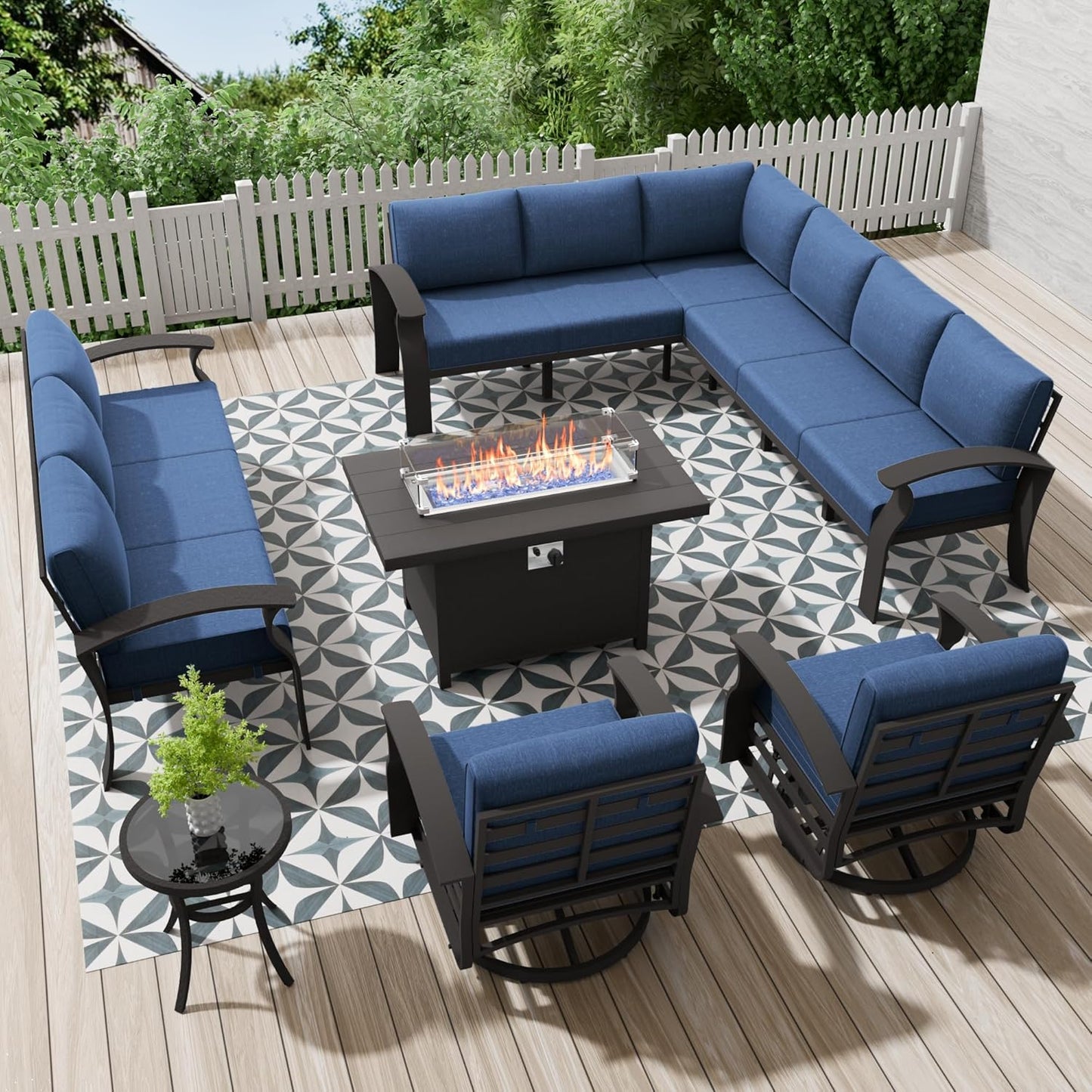 Aluminum Patio Furniture Set with Fire Pit Table, 11 Seats Outdoor Patio Conversation Set with Swivel Chair Modern Metal Patio Sectional Sofa with Coffee Table for Patio, Backyard(Navy Blue).
