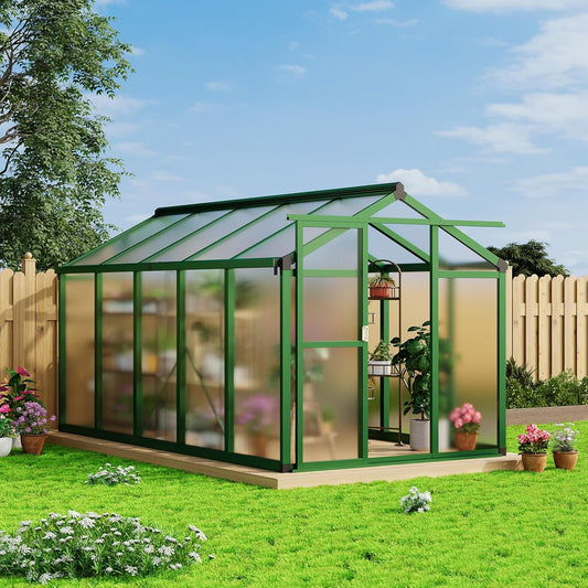 6x10 FT Greenhouse, Large Aluminum Greenhouses for Outdoors, Heavy Duty Polycarbonate Greenhouse with Roof Vent, Walk-in Green Houses for Winter Garden, Backyard, Patio, Lawn, Easy Assembly