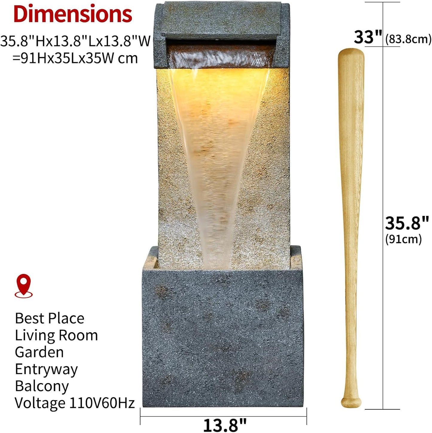 35.83'' Outdoor Garden Cascading Stone Floor-Standing Waterfall Fountain with LED Lights for Patio, Backyard, Deck, Porch and Home Art Decor