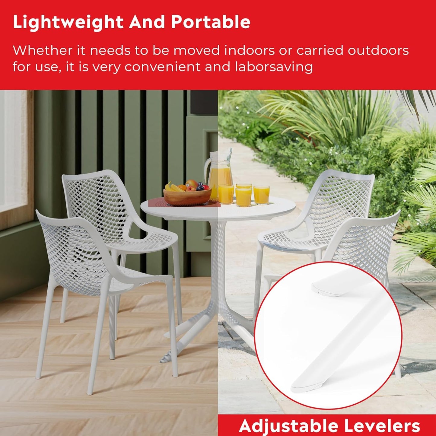 Dining Table Set for 4, HDPE Patio Round Dining Table and Stackable Chair, Kitchen & Dining Room Sets All Weather for Backyard Porch Poolside, White