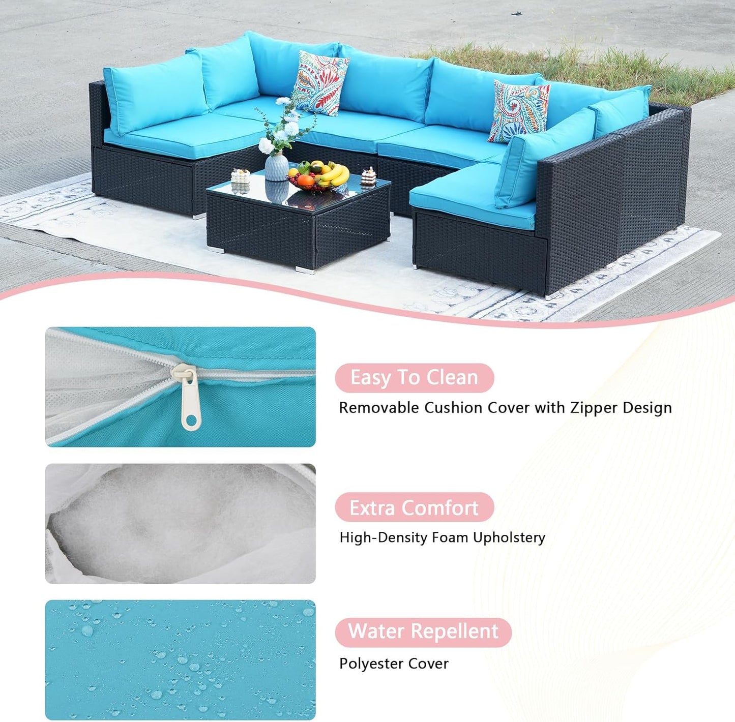 7-Piece Patio Furniture Set - Outdoor Sectional Sofa Set with Cushions and Glass-Top Coffee Table for Gardens, Poolside, Backyards and Porches, Black/Blue