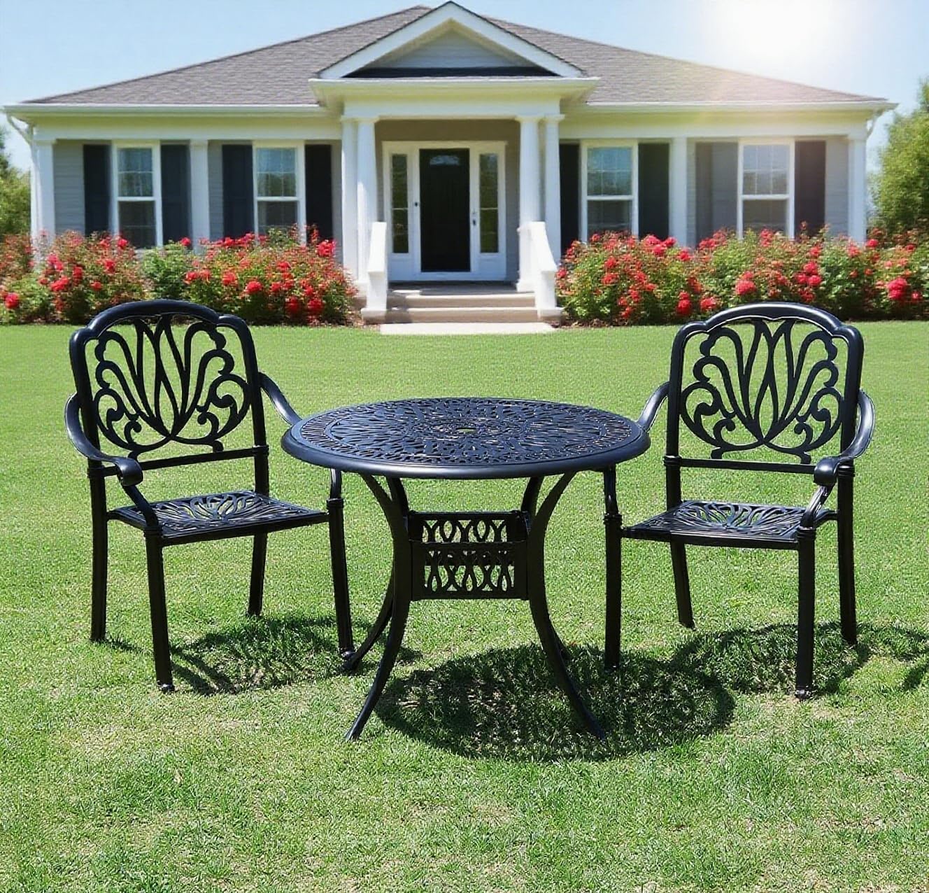 3 Piece Outdoor Bistro Set, All-Weather Patio Cast Aluminum Table and Chairs Set of 2 with 2.4" Umbrella Hole for Patio, Front Porch,Garden, Backyard, Balcony, Black