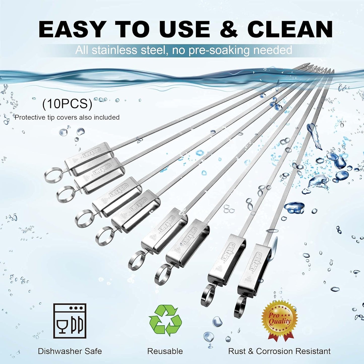 GRILLART Kabob Skewers for Grilling - Metal Skewers for Kabobs with Slider - Flat BBQ Skewers Stainless Steel - 17" Shish Kabob Grill Skewers & Ideal Kabob Sticks for Meat Shrimp Chicken Veggie(10PCS)