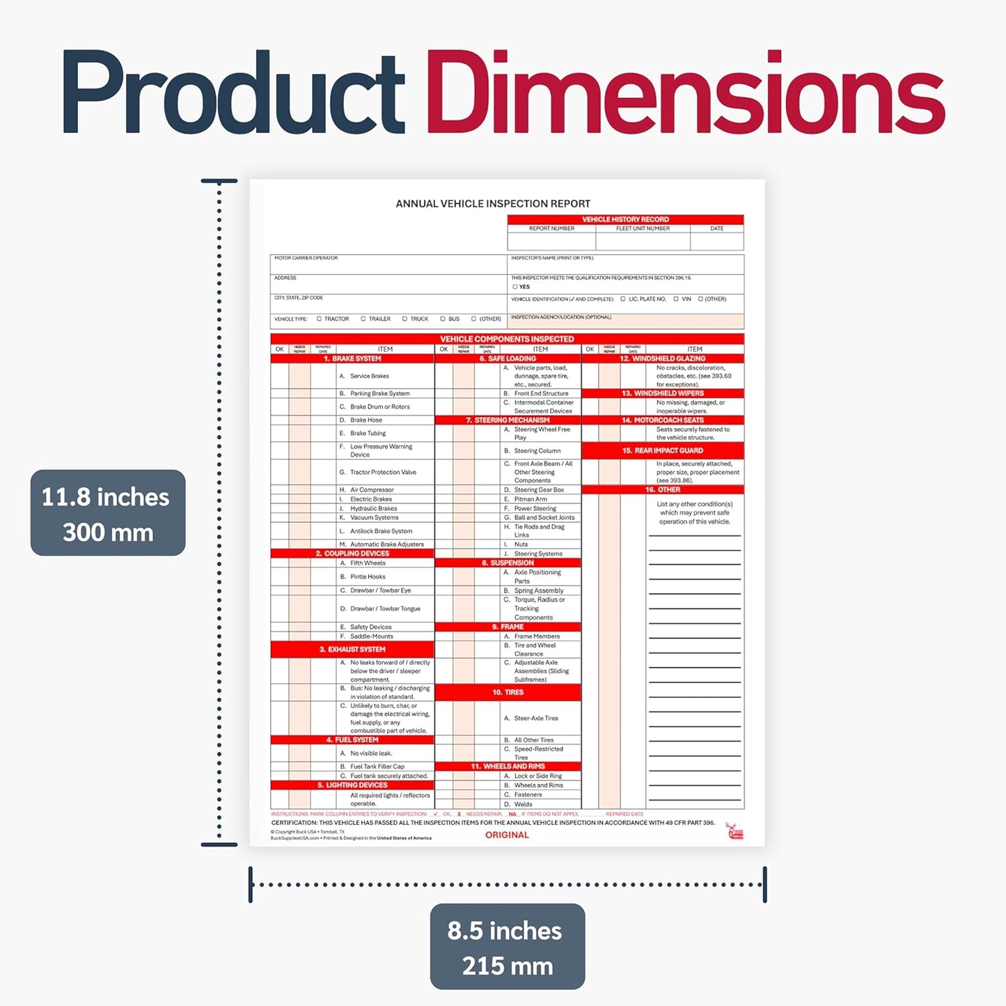 5 Pack 3-Ply Carbonless Annual Vehicle Inspection Report Forms with FMCSA Red Aluminum Adhesive Labels, DOT Inspection Forms and Stickers, Shrink-Wrapped, 8.5" x 11.75" - Made in USA