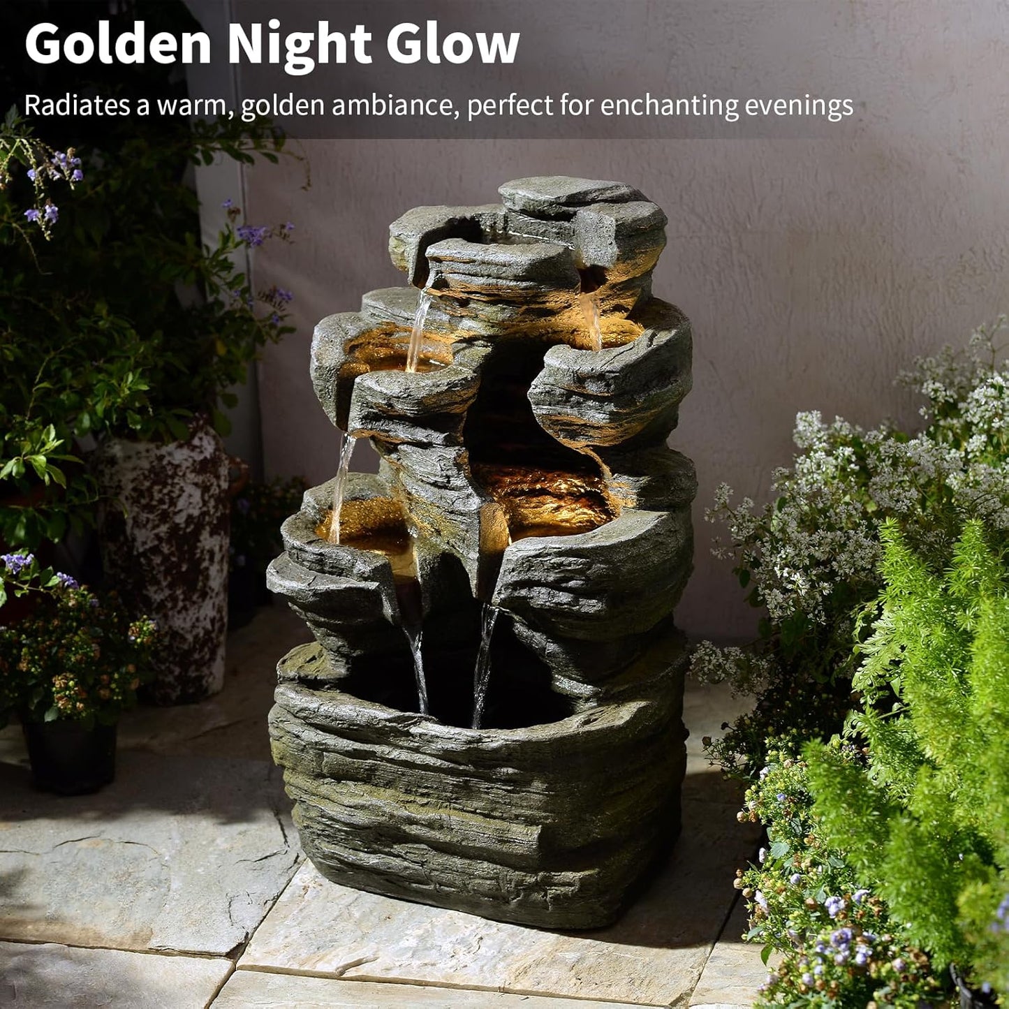 6-Tier Cascading Rock Water Fountain Outdoor Garden Waterfall Decor for Garden, Patio, Backyard, Deck, Porch and Home Art Decor,24.4" H Outdoor Fountain with Lights
