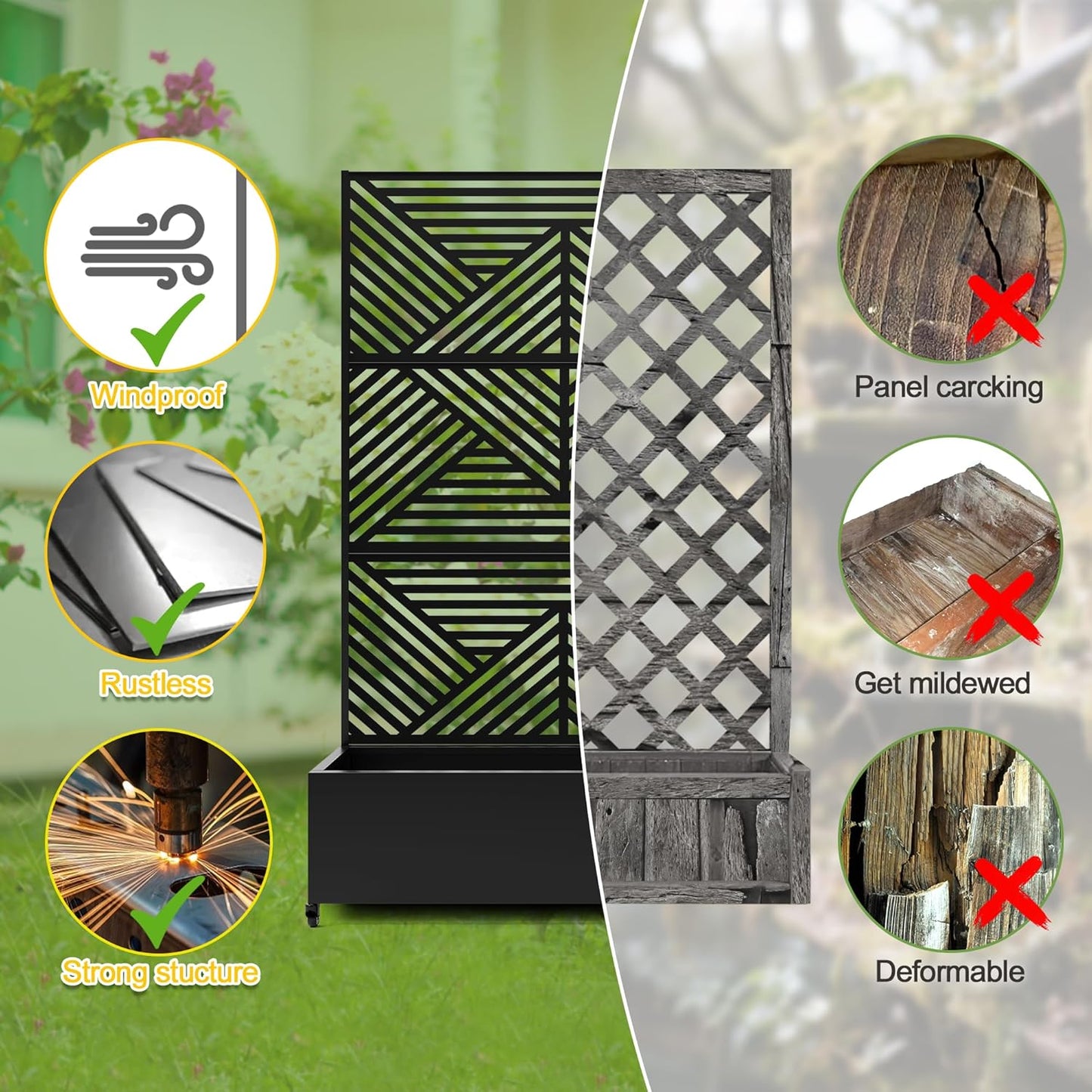 FENCY Metal Raised Garden Bed with Wheels and Trellis,73"x47"x16" Planter Box for Climbing Plants, Vegetables & Vines, Features Privacy Screen and Drainage Holes (Black-Modern)