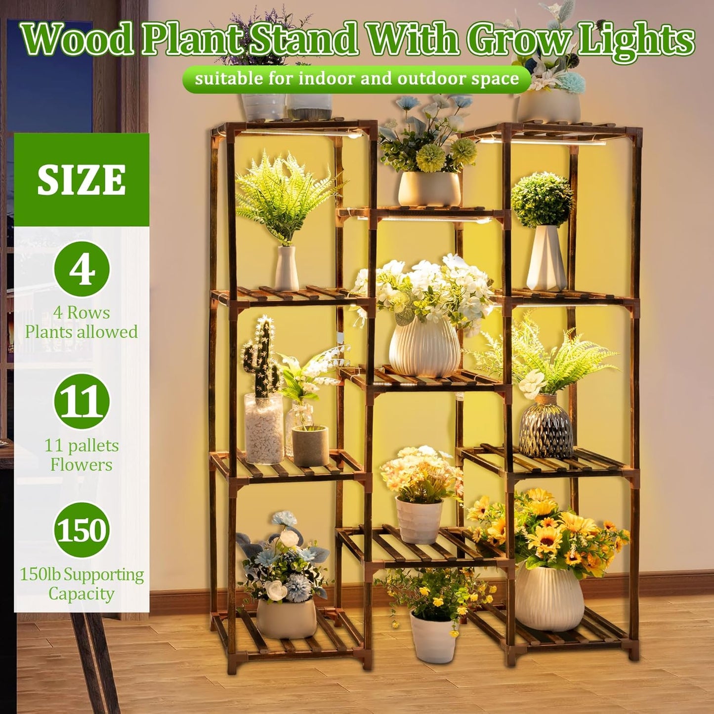Dreyoo Plant Stand with Grow Lights, Wood Plant Shelf with Full Spectrum Grow Lamp for Indoor Corner, Vintage Multi Layer Lighted Stand for Living Room Balcony Display(11 Tiered Shape)
