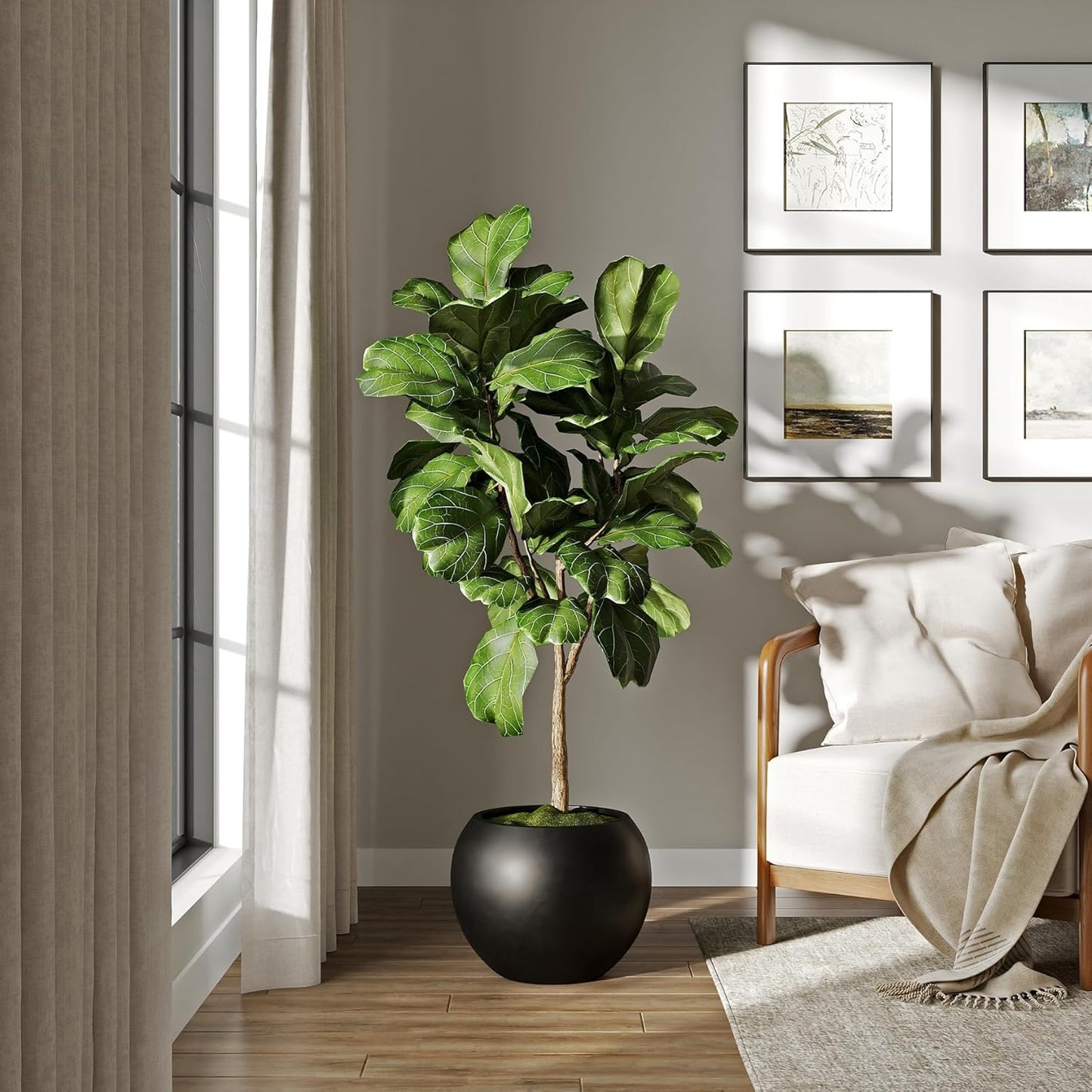 DTY Signature Mount Sherman Lightweight Durable Modern Fiberstone Sphere Planter for Indoor & Outdoor Drainage Hole & Rubber Plug Weather Resistant, 13.5" H x 17" Dia, 12" Opening- Medium, Black