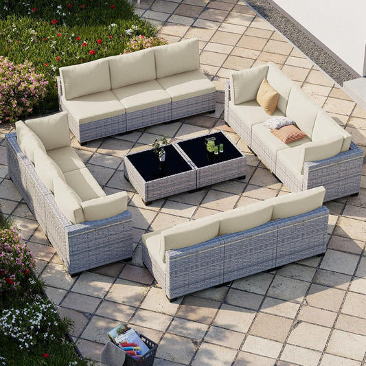 14-Piece Patio Furniture Set, Outdoor Sectional with Thick Cushions, Modular Patio Sofa, Dual-Strand Wicker Rattan, Rust-Resistant Frame, Backyard Furniture for Garden, Deck, Ivory