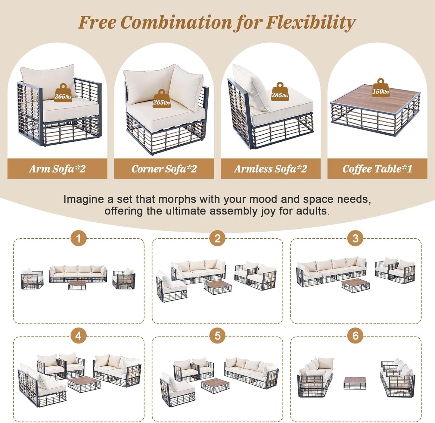 7-Piece Metal Patio Sectional Sofa Set, Free Combination Sofa Set with Coffee Table, All-Weather Garden Conversational Furniture Set with Thick Cushions and 8 Pillows (Dark Gray Frame+Brown Cushion)