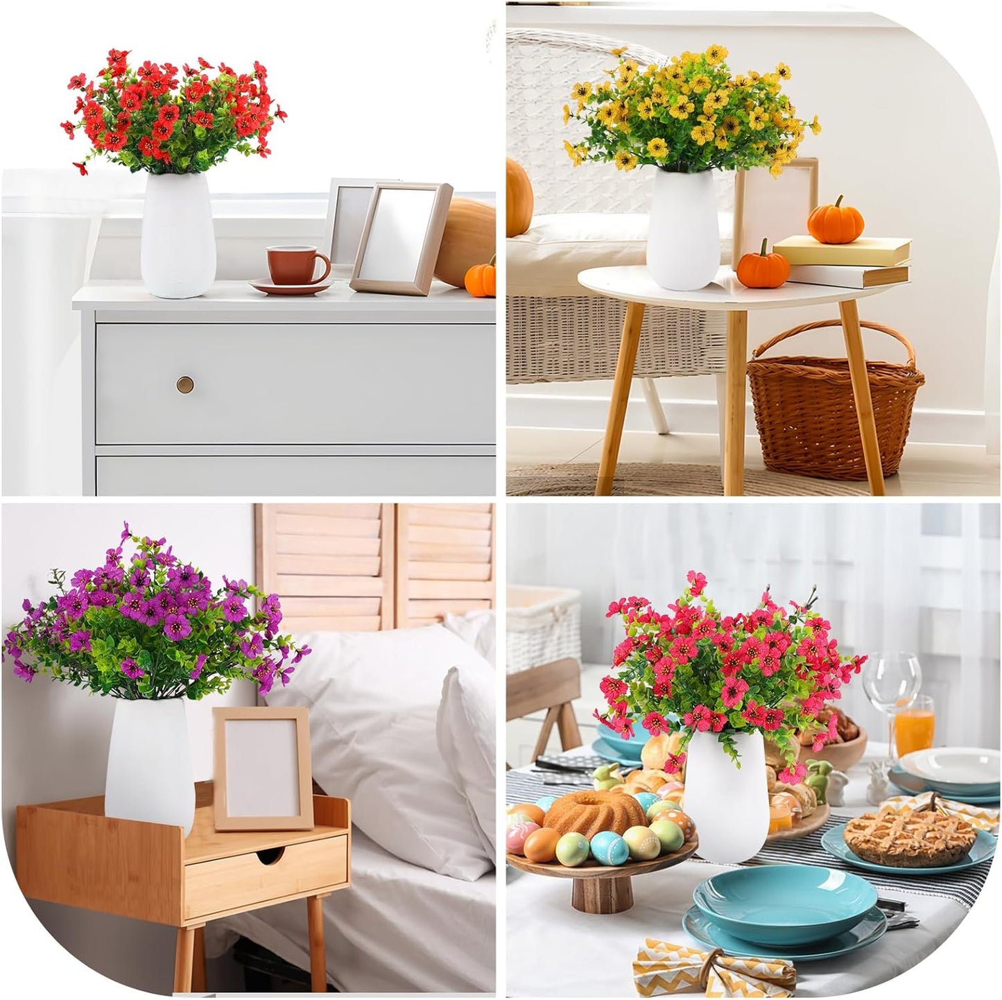 36 Bundles Artificial Flowers Outdoors UV Resistant Fake Plastic Spring Mum Flowers Colorful Silk Plants for Outside Porch Window Patio Home Decor(36, Red, Purple, Yellow, Rose Red)