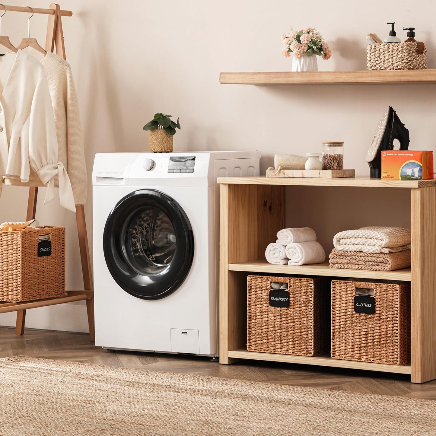 UBBCARE 4 Pack Wicker Basket, 13×13 Storage Cubes with Label, Foldable Cube Storage Bin with Handle, Square Storage Basket for Shelves, Woven Paper Rope Basket for Organizing, Caramel