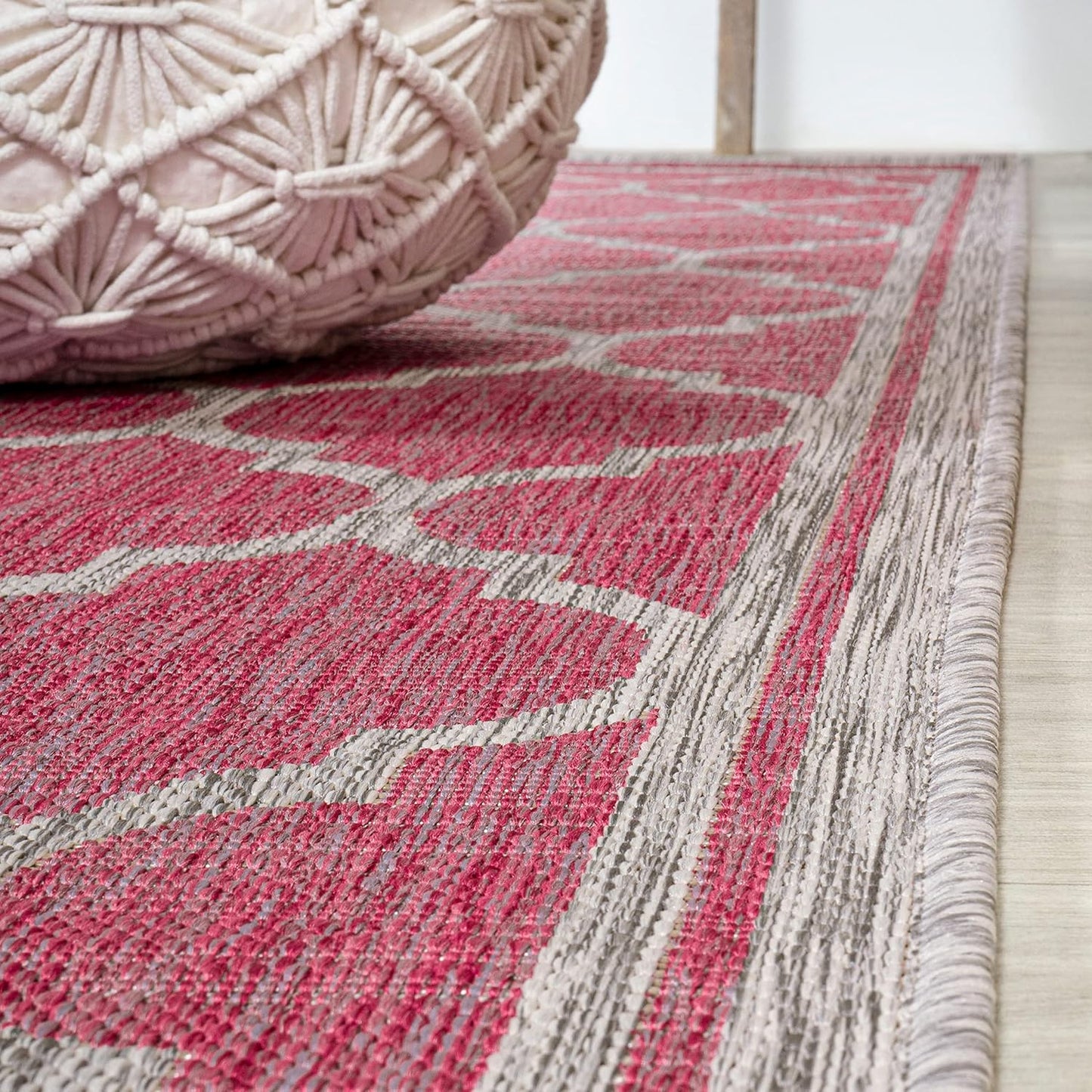 Eyely BMS109H-28 Santa Monica Trebol Moroccan Trellis Textured Weave Indoor/Outdoor Runner Rug Coastal;Bohemian, Bedroom, Backyard, Patio, Easy-Cleaning, Non-Shedding, 2 X 8, Fuchsia/Light Gray