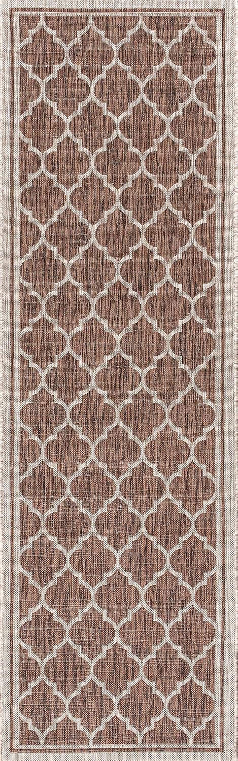 Eyely BMS109B-210 Santa Monica Trebol Moroccan Trellis Textured Weave Indoor/Outdoor Runner Rug Coastal;Bohemian, Bedroom, Backyard, Patio, Easy-Cleaning, Non-Shedding, 2 X 10, Espresso/Taupe