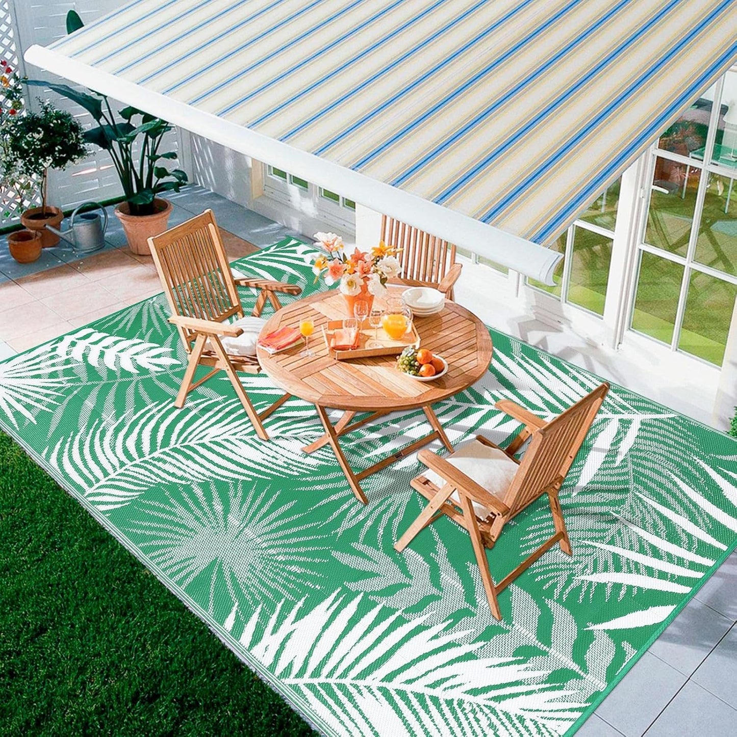 Outdoor Rug 8'x10' Waterproof for Patios Clearance, Reversible Outdoor Plastic Straw Rug Camping Carpet, Outside Floor Mats Large Area Rugs for RV,Patio,Deck,Porch, Beach,Balcony,Green&White