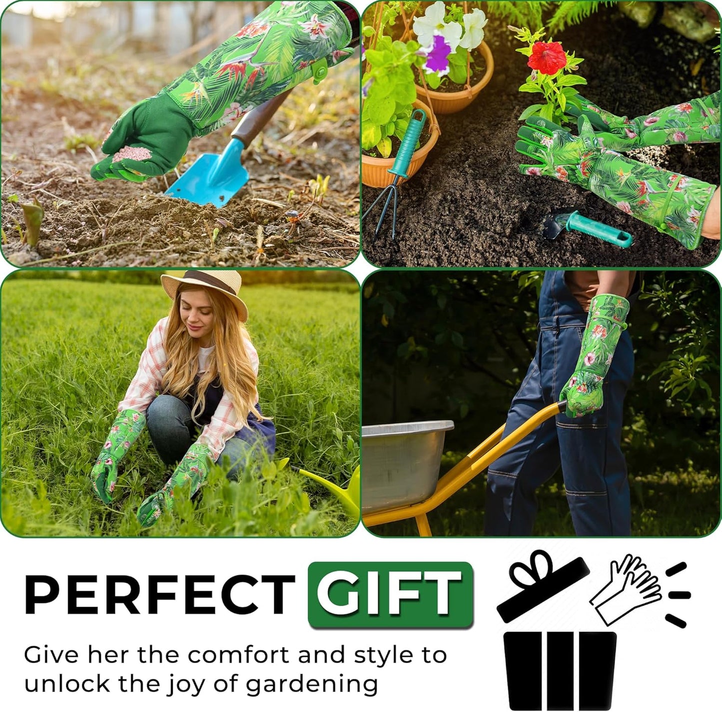 HANDLANDY Women Gardening Gloves, Thorn Proof Breathable Ladies Rose Pruning Long Gauntlet Floral Print Garden Yard Gloves, Gift for Gardeners (Green, M)