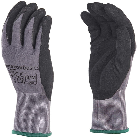Amazon Basics Micro-Foam Nitrile Coated Work Gloves, Nylon Liner Fiber, Touch Screen, Size 8/M, 12 Pairs, Grey