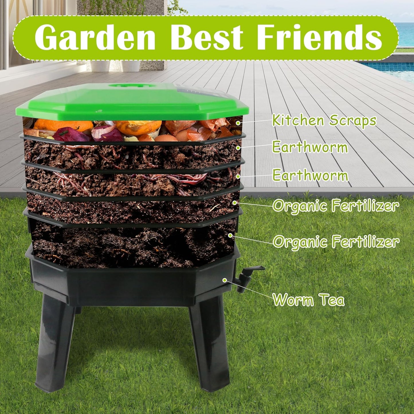 5-Layer Tray Worm Composter, Sustainable for Both Indoor & Outdoor, Worm Compost Bin for Vermicomposting Starter, Recycling Food Wastes