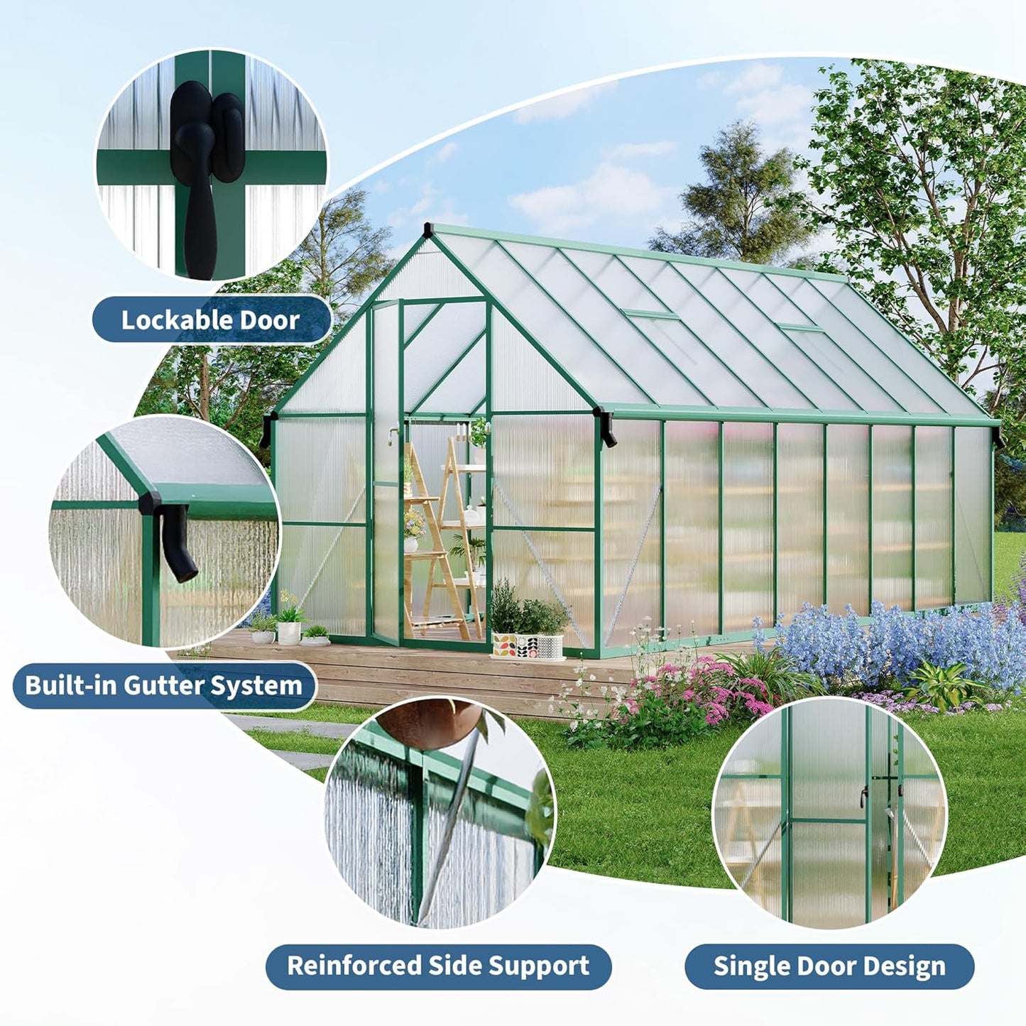 8'X16' Aluminum-Framed Polycarbonate Greenhouse, Heavy Duty Polycarbonate Greenhouse with Quick Setup Structure and Roof Vent, Large Enhanced Aluminum Greenhouses Kit for Outdoors