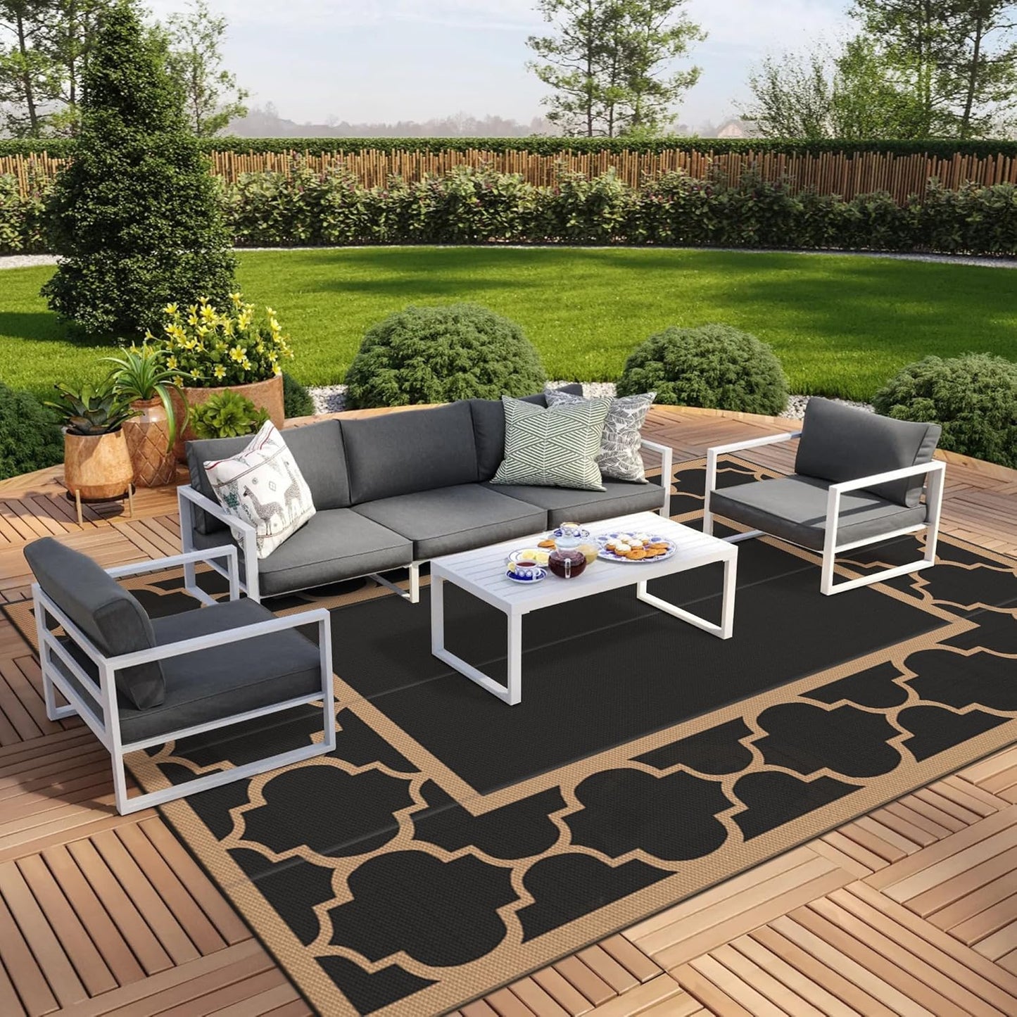 GENIMO 10 ' x 14 ' Outdoor Rug Waterproof for Patio Decor, Foldable Reversible Plastic Straw Area Rugs Mat for Camper, Outside Carpet for Rv, Deck, Porch, Picnic, Beach, Balcony, Black & Brown