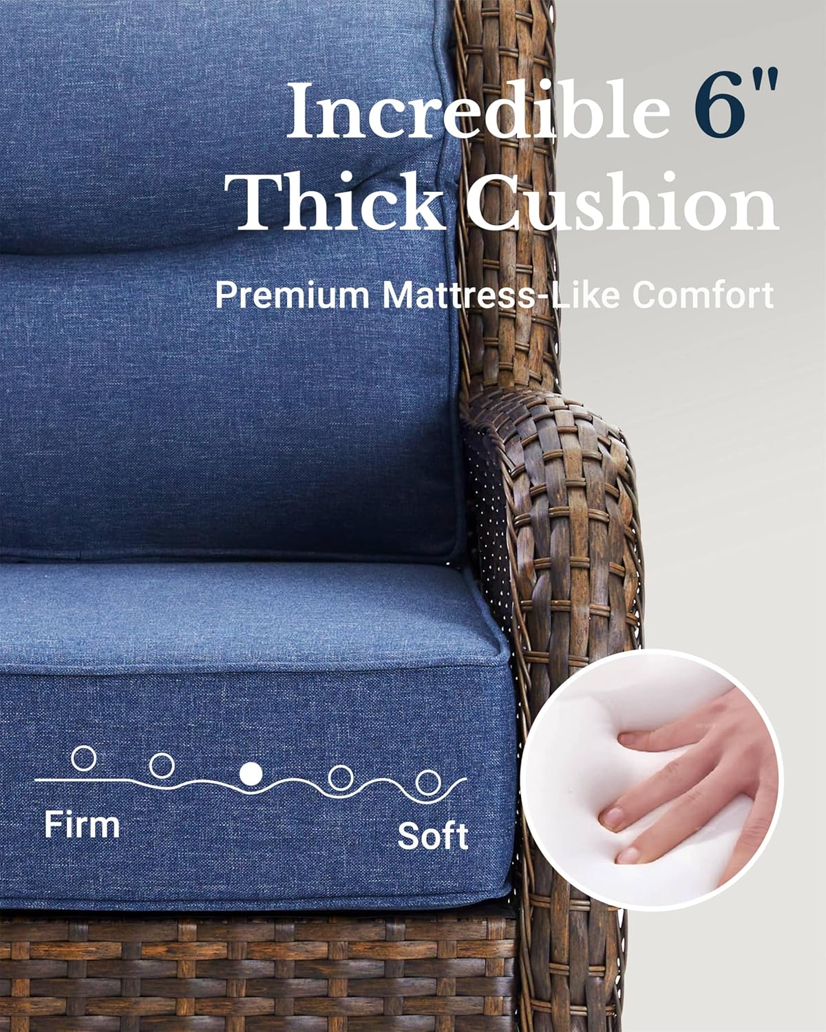 HILLGA Luxury Patio Furniture Set with 6-inch Thick Cushion, Outdoor Couch and High Back Swivel Rocker Patio Chairs, 8PCS Wicker Conversation Set for Deck Yard and Poolside, Blue (V2)