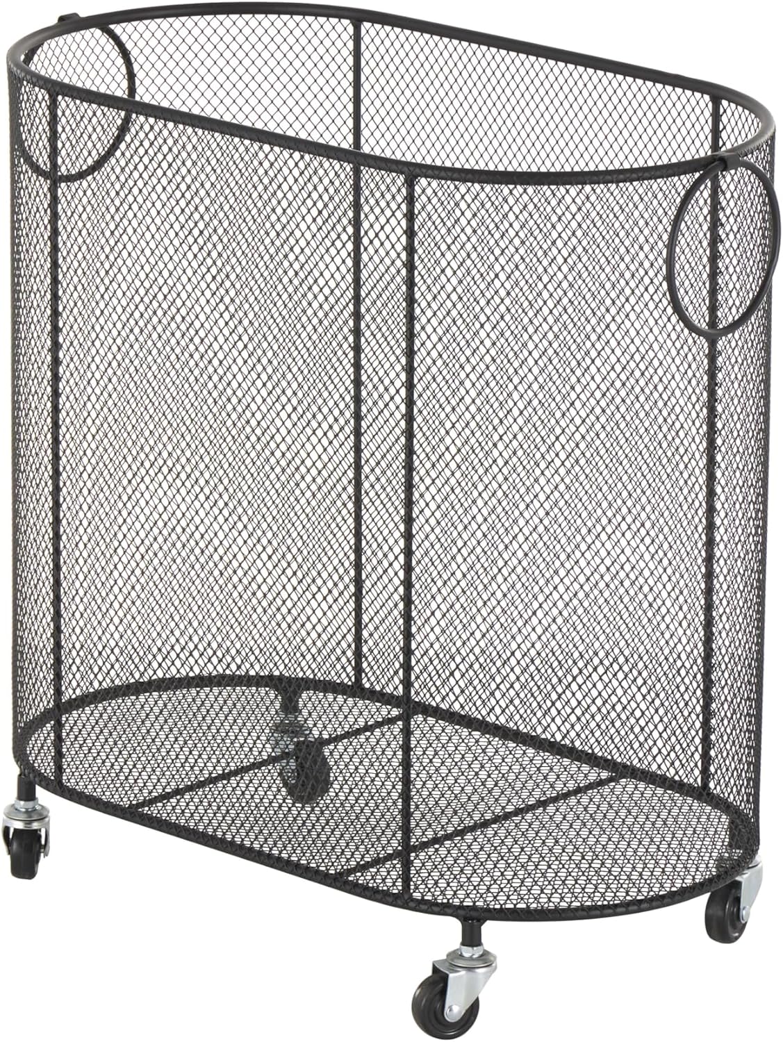 Deco 79 Metal Storage Cart Oval Mesh Wire Rolling Laundry with Ring Handles, 21" x 12" x 21", Black