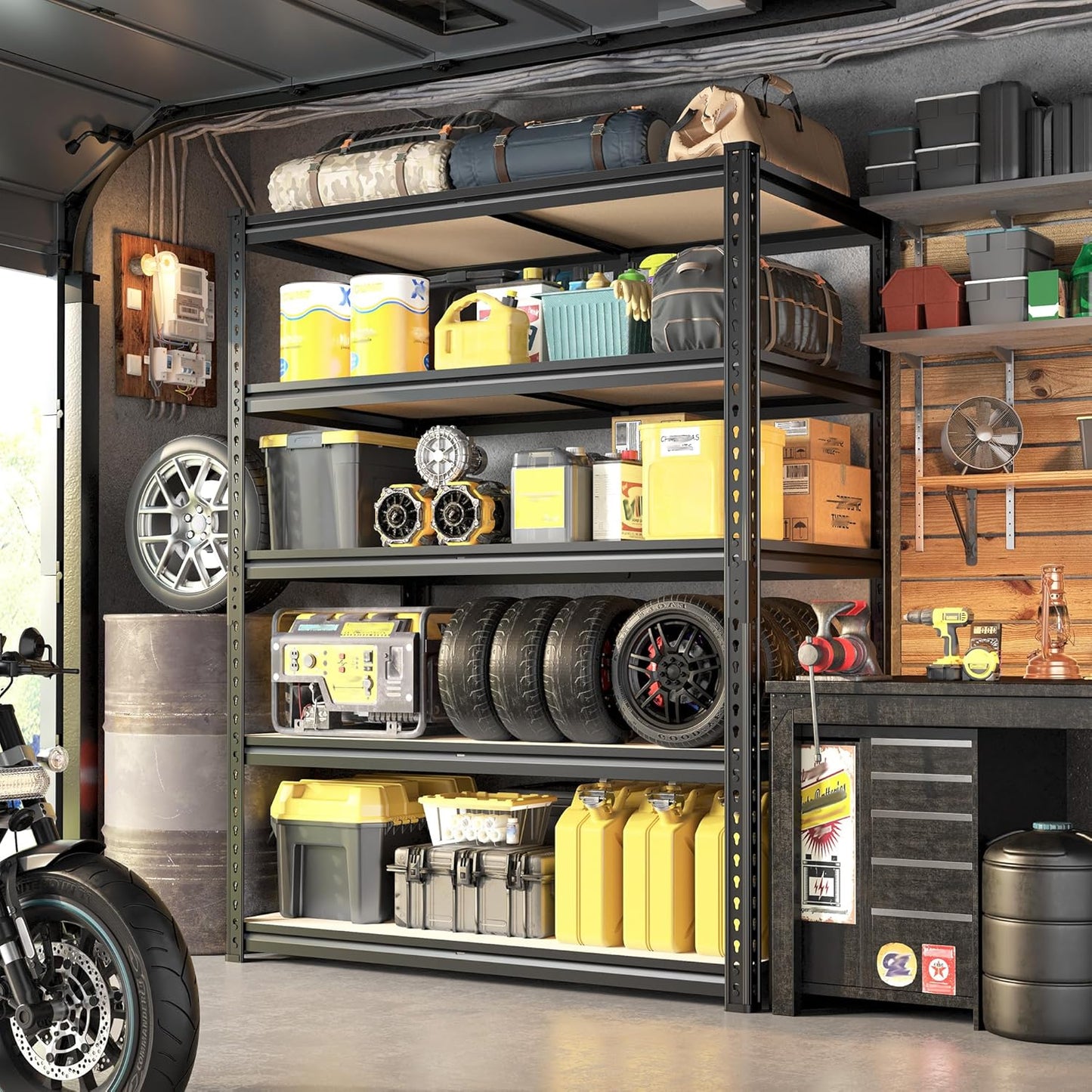 72" H Garage Shelving, 5 Tier Storage Shelves Load 2500 lbs, Adjustable Garage Shelves, Metal Shelving Unit for Warehouse, Basement, Pantry, 40" Wx 16" D x 72" H, Black