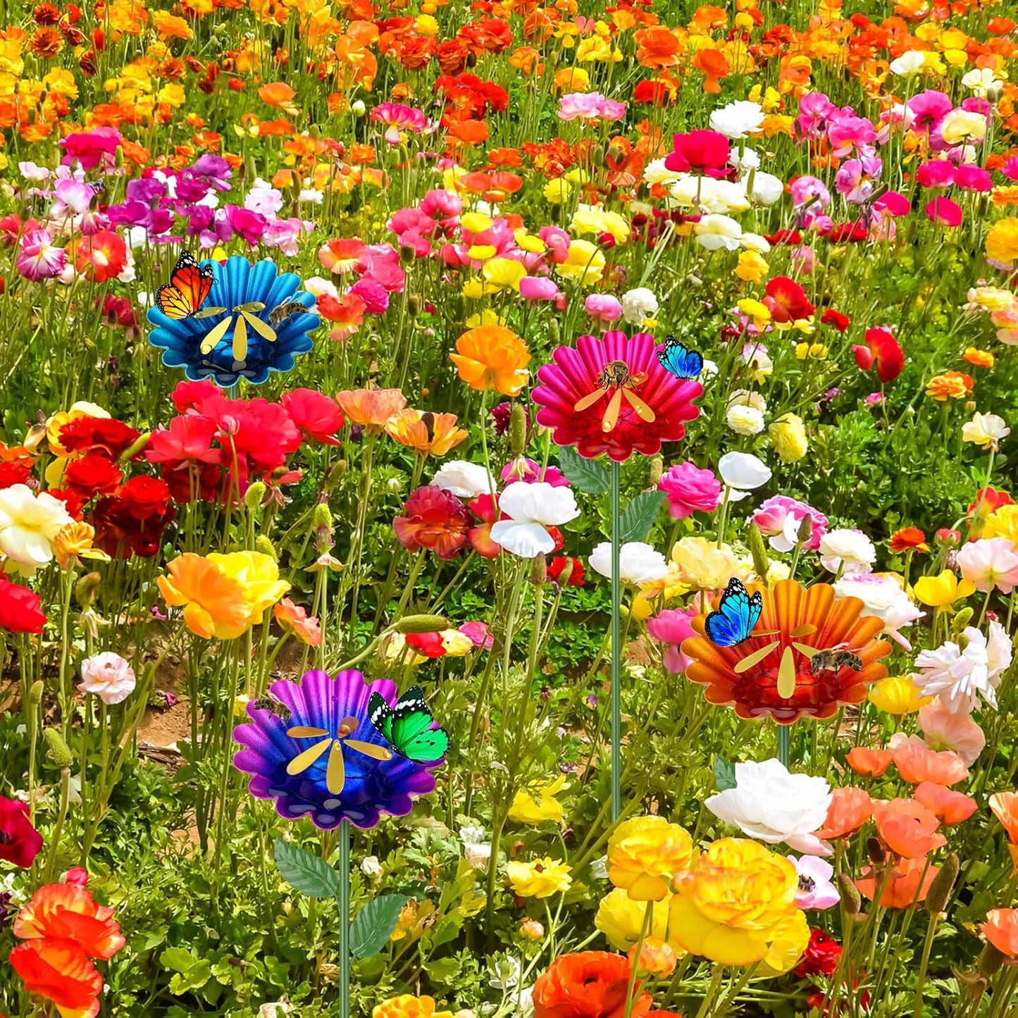 Geelin 4 Pack Bee Watering Station for Garden Metal Bee Water Cups with 5 Stamens Flower Design Water Feeder Colorful Butterfly Bath Bowl for Outdoor Garden Yard Pollinator Decor