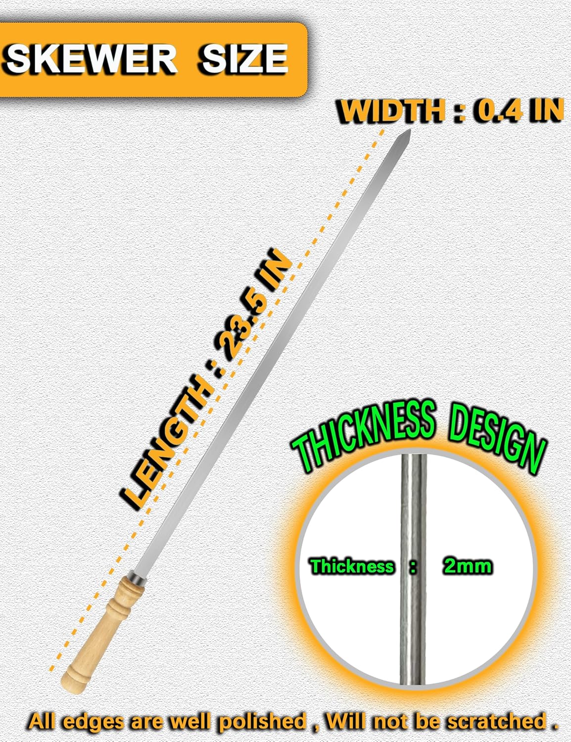 23.5" Long 304 Stainless Steel Skewers for Kabobs with Wood Handle,Heavy Duty Wide Flat Metal Kebab Skewer,Kabob Skewers for Grilling,BBQ Barbecue Skewer Reusable for Outdoor Grill（6 PCS）