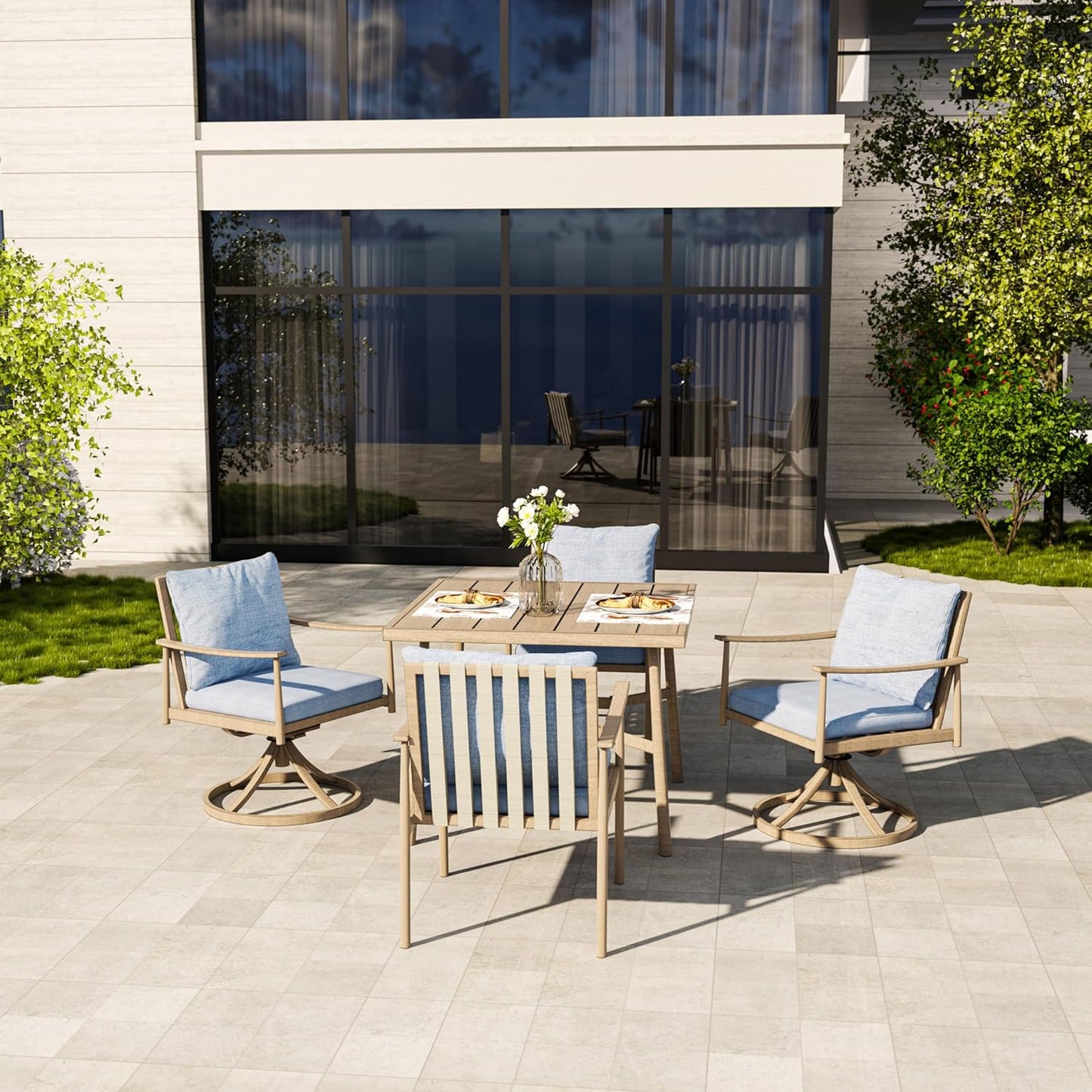 HAPPATIO Patio Table for 4, Modern Square Outdoor Dining Table with Umbrella Hole and Adjustable Feet, All Weather Aluminum Patio Table for Garden, Backyard and Poolside, Brown